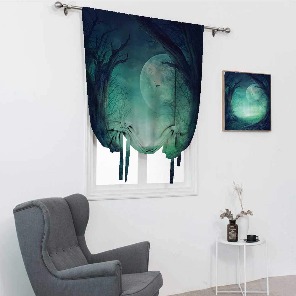 Gothic Window Blinds & Shades - Misty Horror Autumn Valley Scene with Spooky Trees & Full Moon - Navy Green Rod Pocket Balloon Curtain 48x64 inches - Perfect for Halloween Decor, Gothic Bedroom & Horror Theme Parties