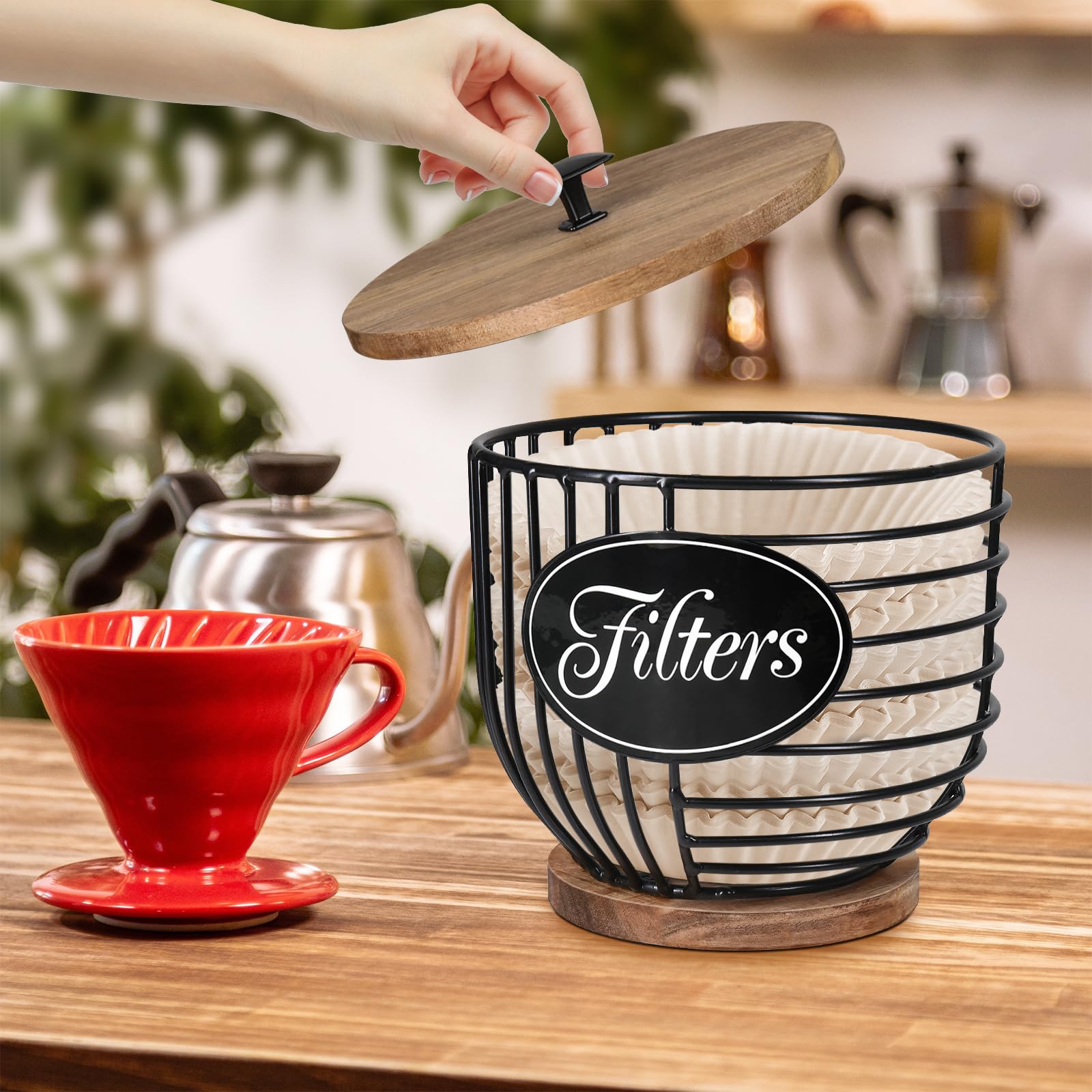Rustic Coffee Pod Holder Organizer - Black Wire with Wood Base for Keurig K-Cups & Nespresso Capsules - Coffee Bar Accessories & Decor - Perfect for Kitchen Countertop & Coffee Station Organization