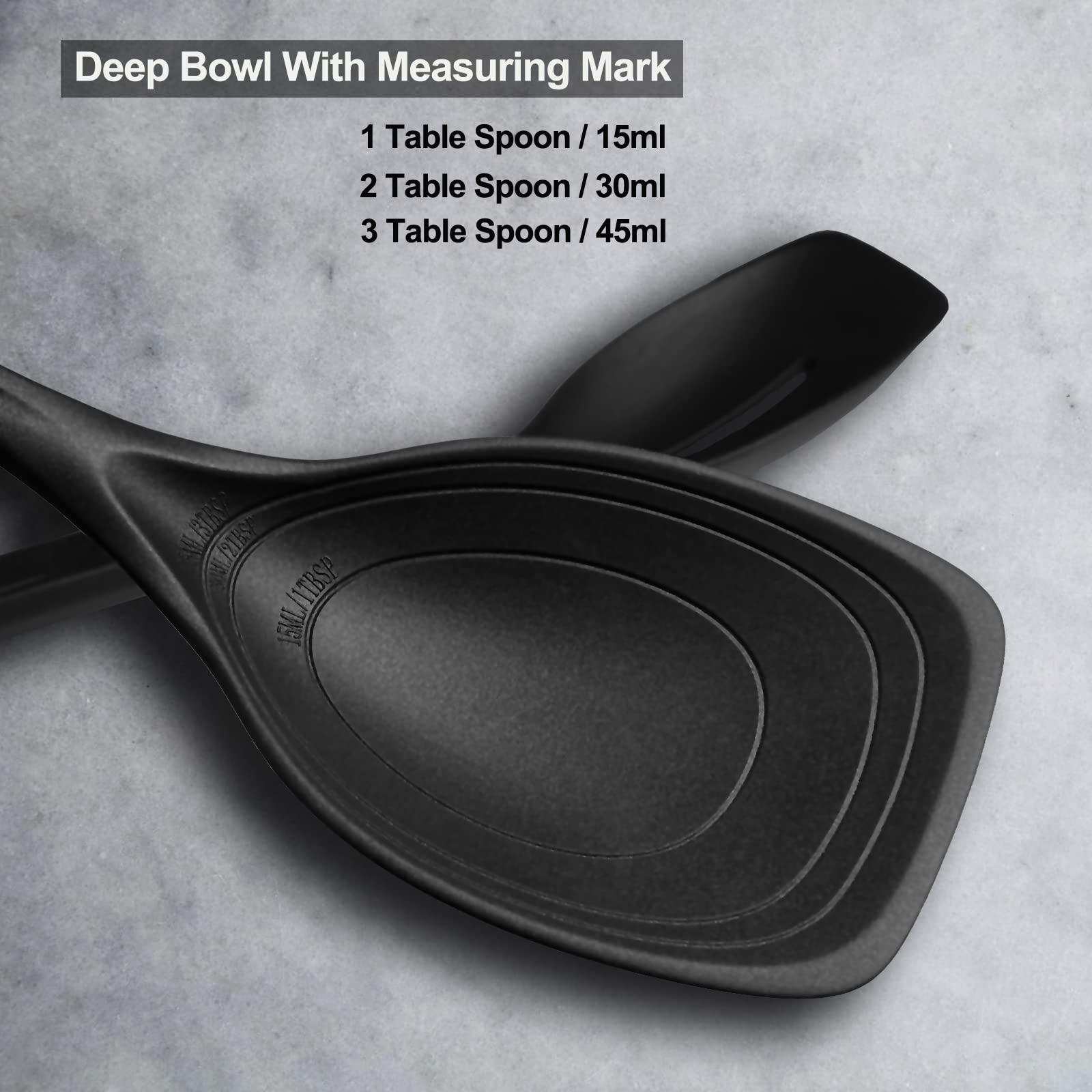Large Silicone Cooking Spoon Set - Non-Stick Solid Kitchen Utensils with Deep Bowl & Measurement Marks for Mixing, Serving, Draining, Scooping & Scraping - Heat Resistant Black Spatula for Baking, Cooking & Meal Prep