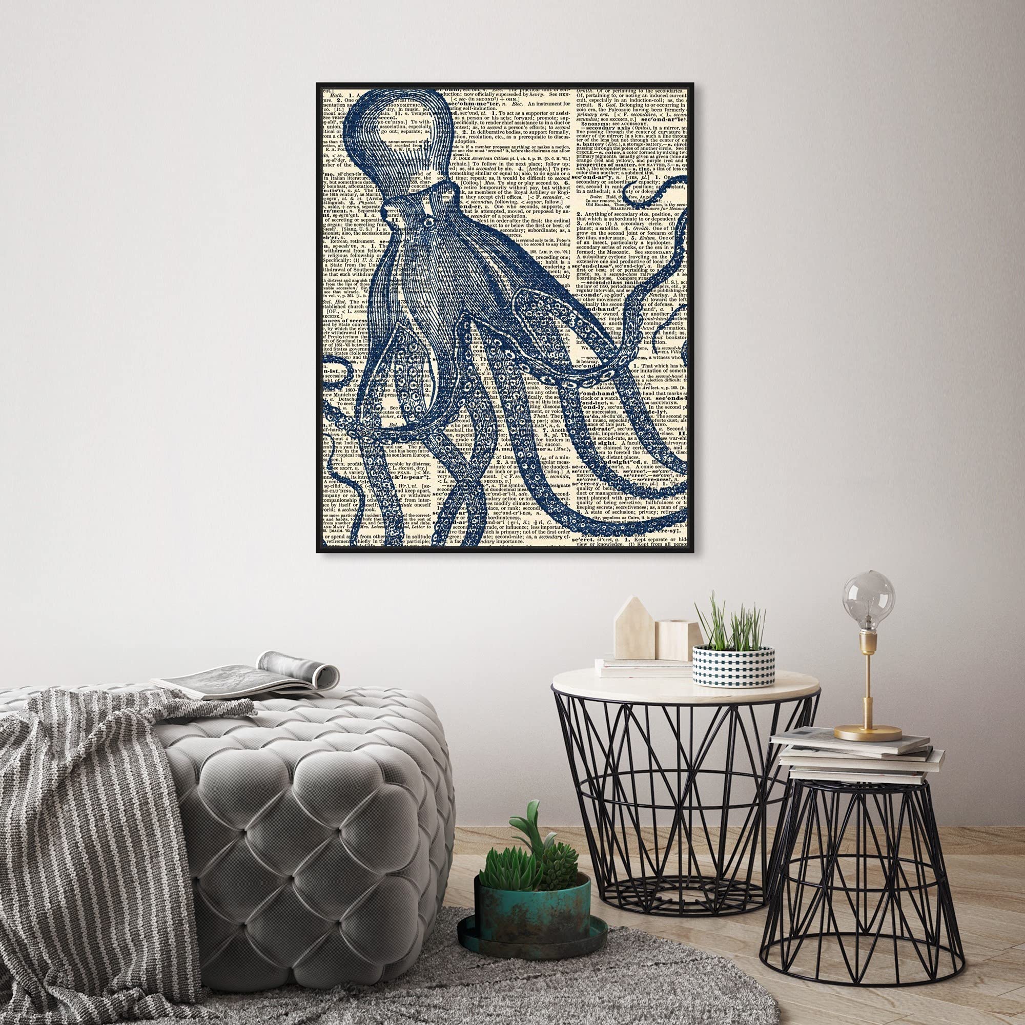 Nautical Coastal Wall Art Canvas Print - Marine Life Octopus Dictionary Home Decor - 24x30 Inches Black Floating Frame - Perfect for Beach House, Living Room & Office Decor