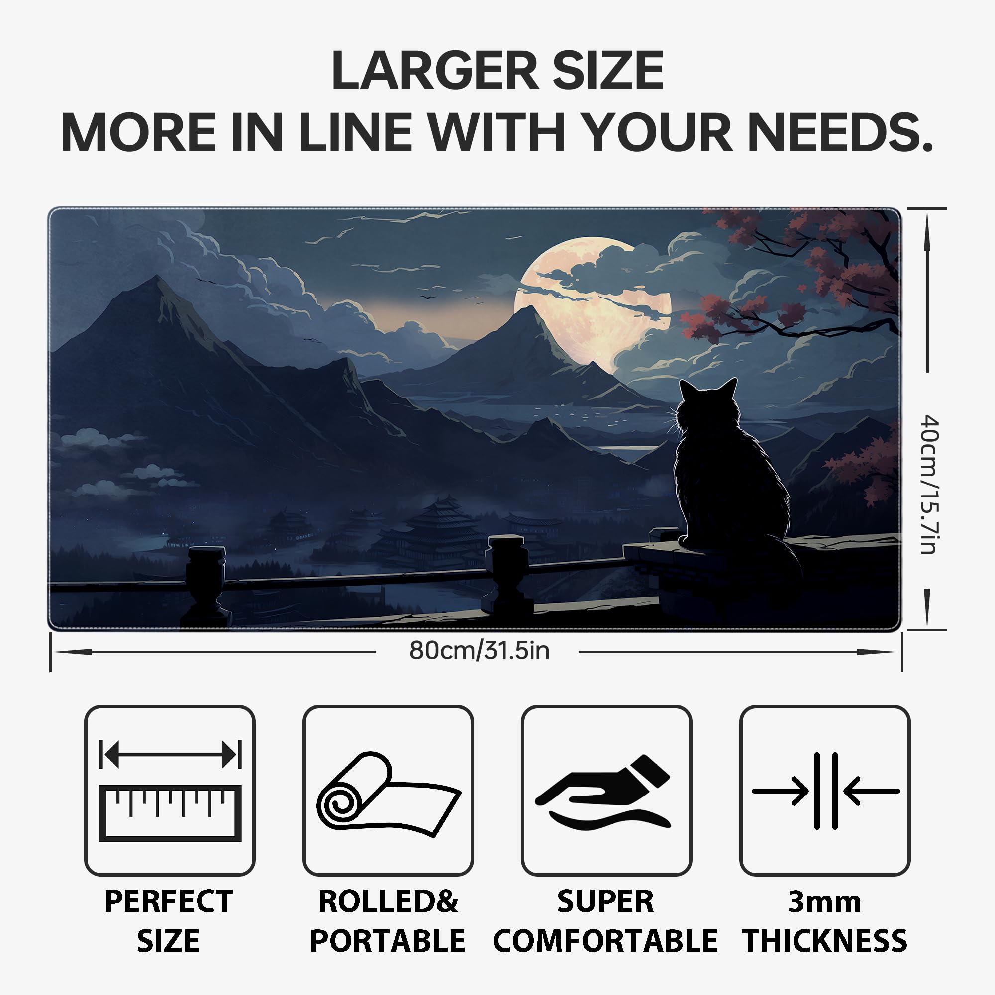 Moon Cat XXL Gaming Mouse Pad (31.5x15.7 Inch) - Extra Large Non-Slip Desk Mat with Stitched Edges for PC, Laptop, Office & Home Use - Cute Black Extended Keyboard Mousepad for Gamers & Work