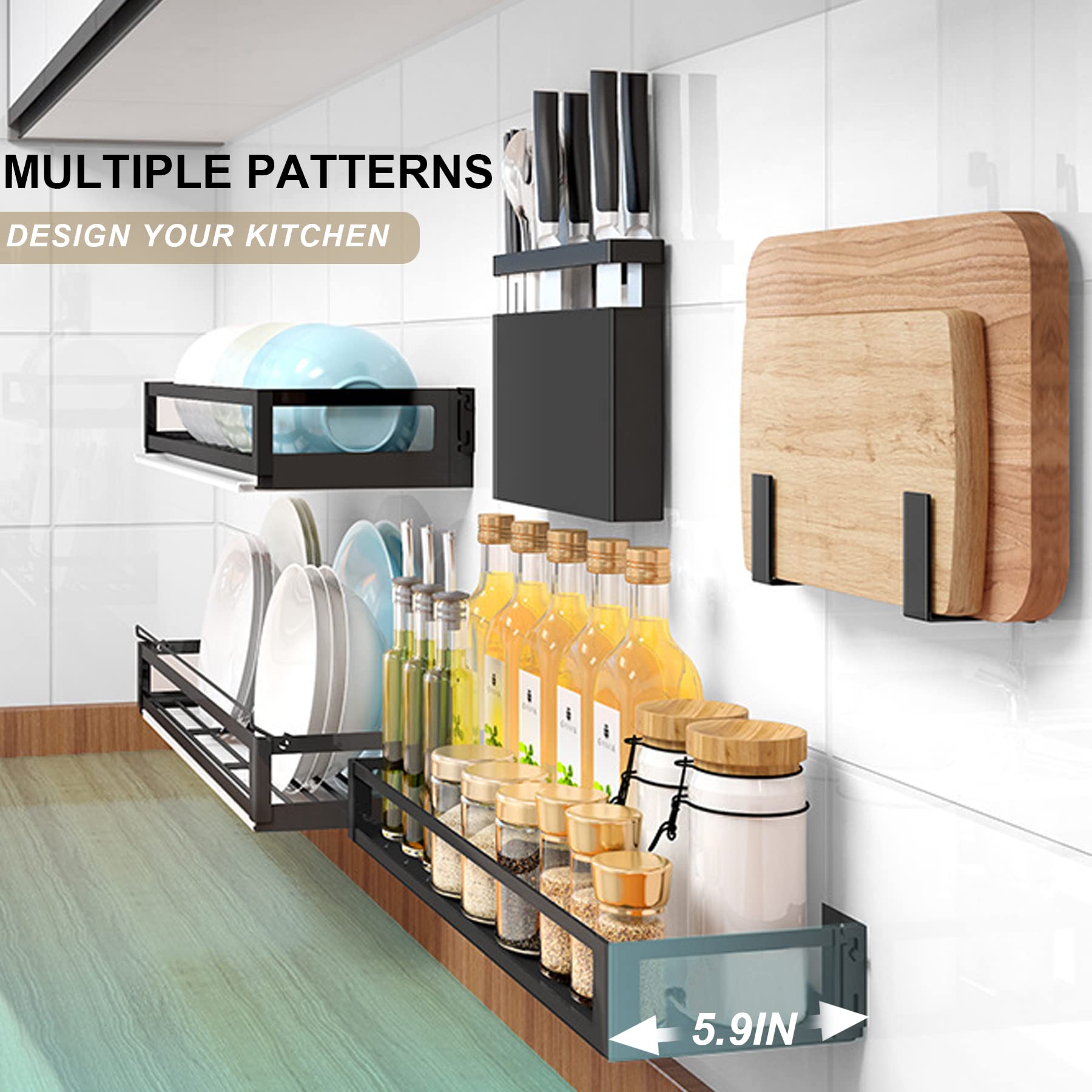 Wall Mounted Kitchen Organizer Set - Space Saving Pot Lid Rack & Utensil Holder for Spoons, Knives, Cutting Boards & Spices | Perfect for Small Kitchens, Apartments & RV Cooking Areas
