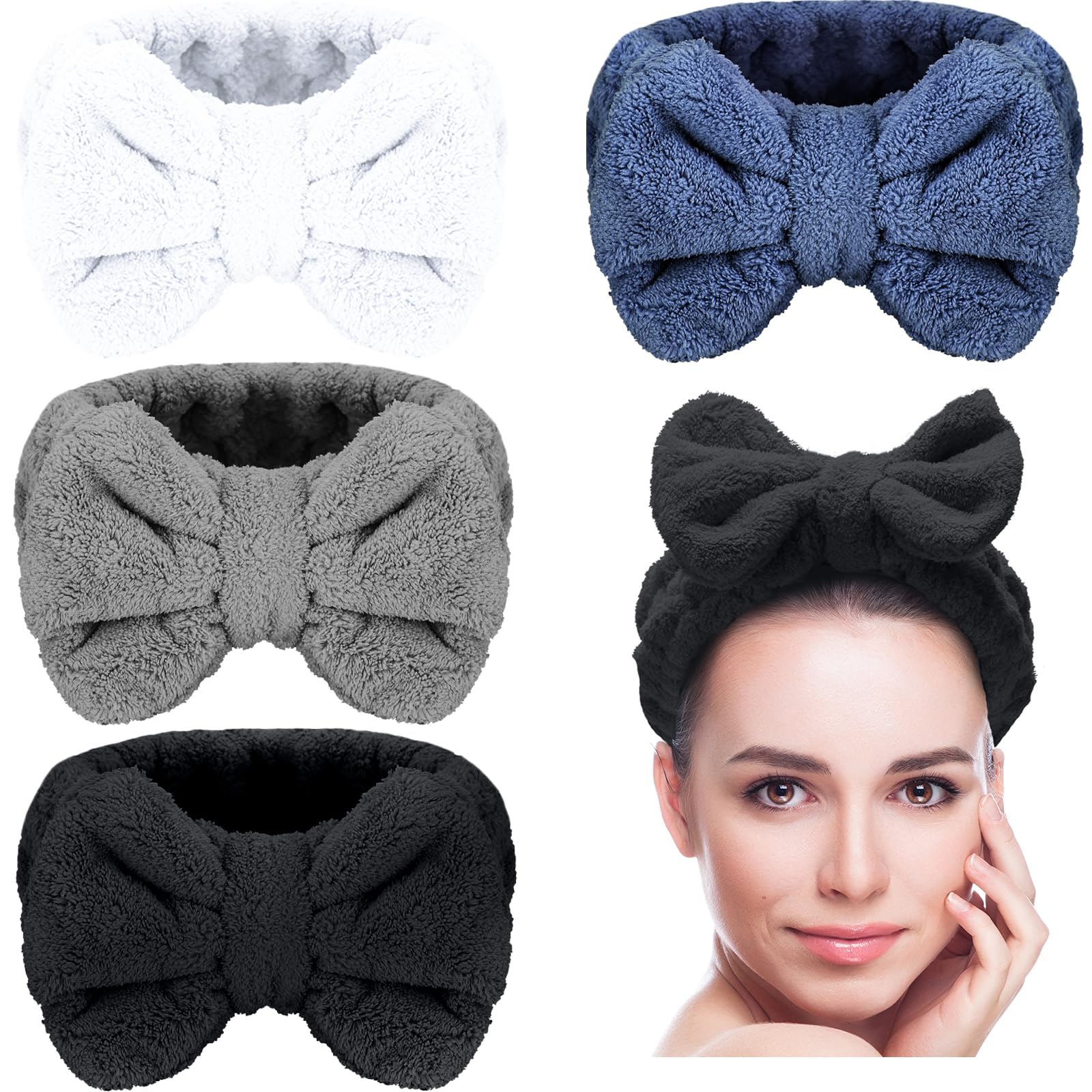 Senkary 4 Pack Soft Microfiber Bowtie Headbands for Women & Girls - Spa, Shower, Makeup & Face Wash Headband Set (White, Blue, Black, Dark Grey) - Perfect for Skincare Routine, Hair Styling & Relaxing at Home