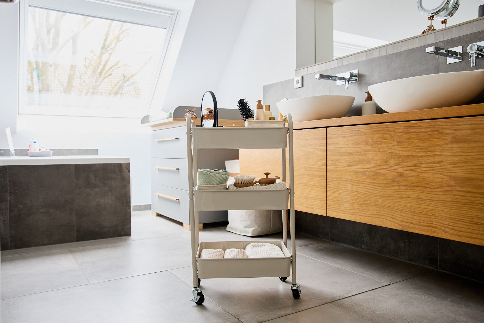 3 Tier Rolling Cart with Wheels - Grey Metal Utility Cart for Kitchen, Office, Bathroom Storage & Organization - Perfect for Home, Dorm, Salon Use
