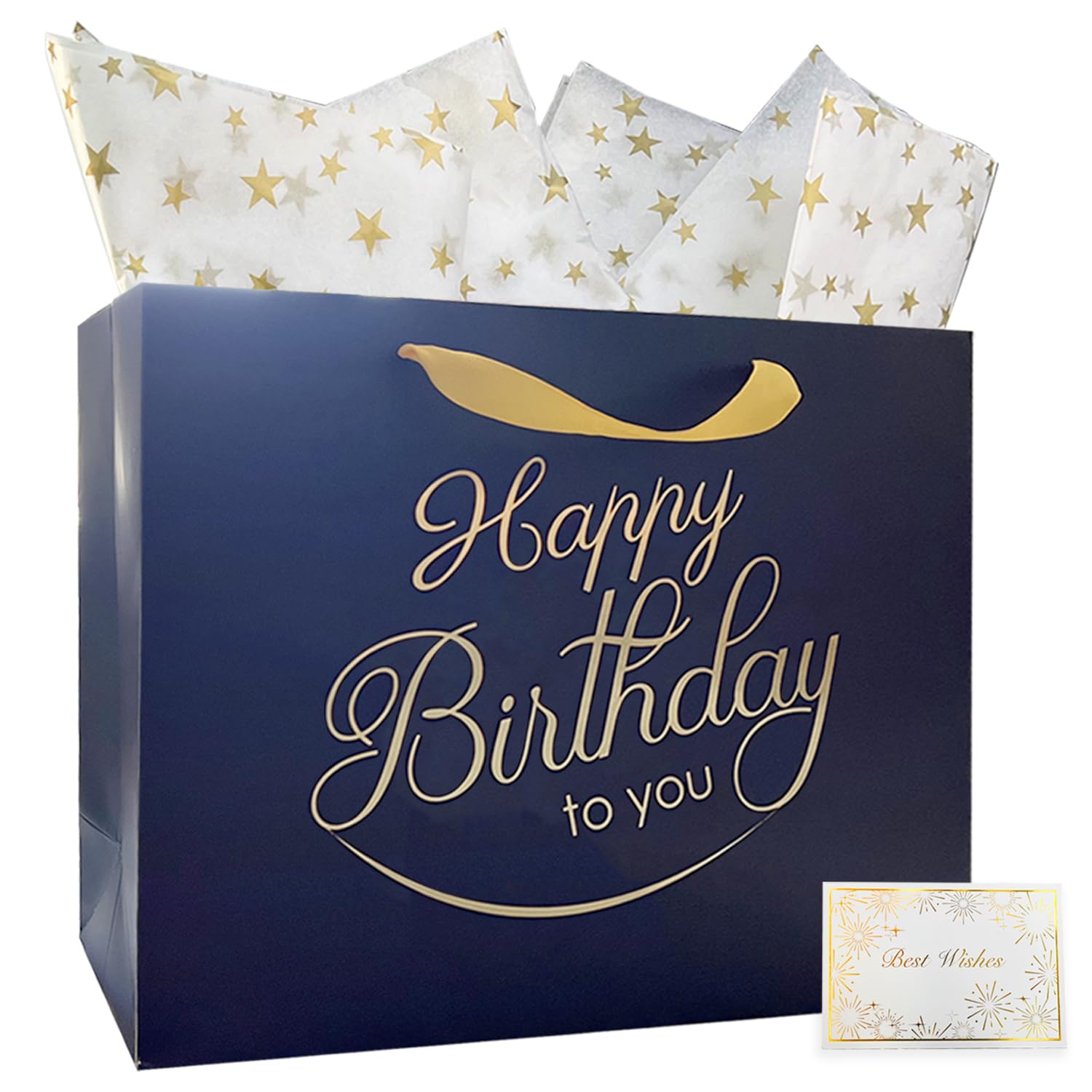 AMROSE Large Recyclable Birthday Gift Bags with Greeting Card & Tissue Paper - Navy Blue Party Favor Bags for Birthdays, Baby Showers & Special Occasions