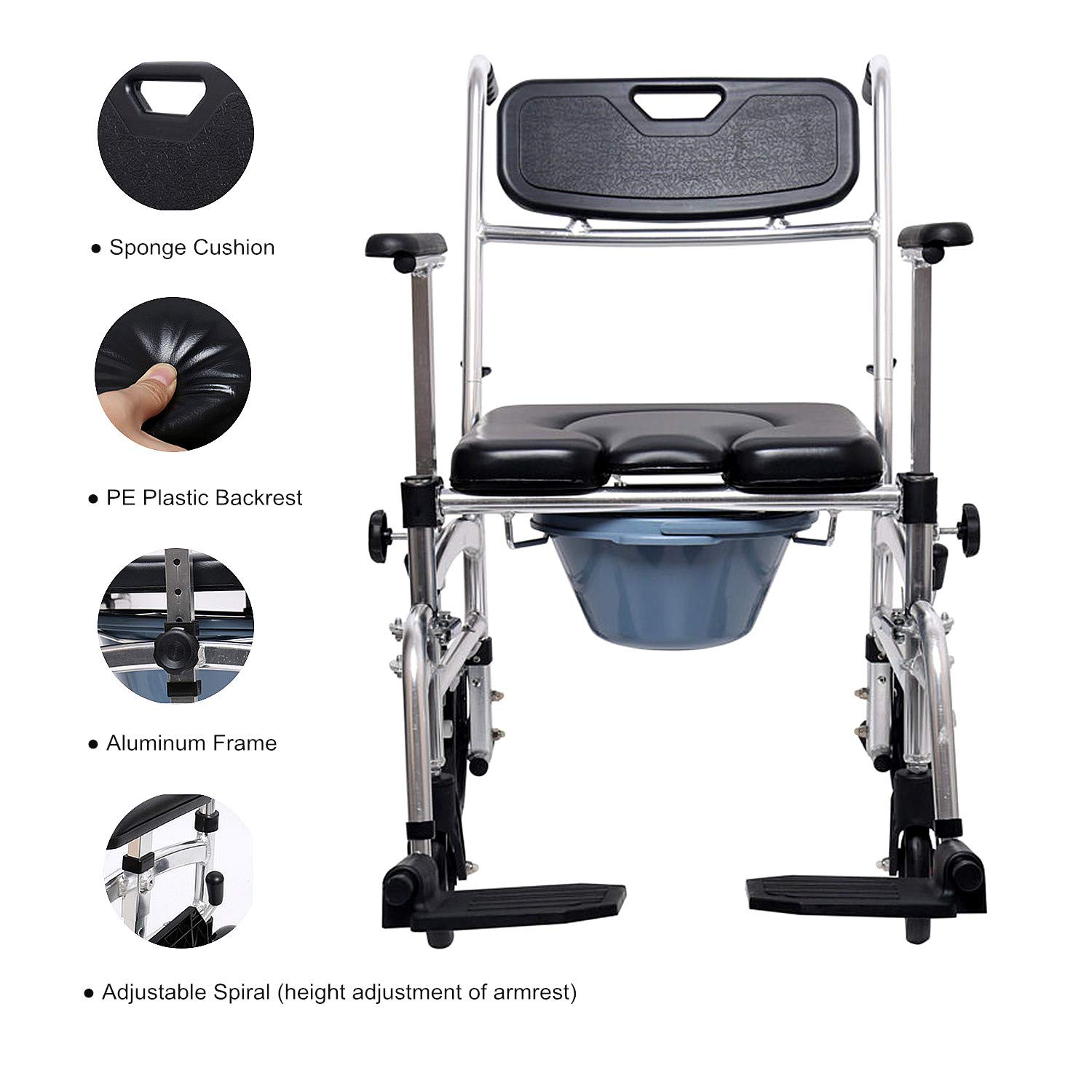 4 in 1 Adjustable Height Bedside Commode Wheelchair with Padded Seat & Detachable Bucket - Portable Toilet Shower Chair for Elderly & Disabled - Ideal for Home Care, Hospital Use & Bathroom Safety (B-Style)