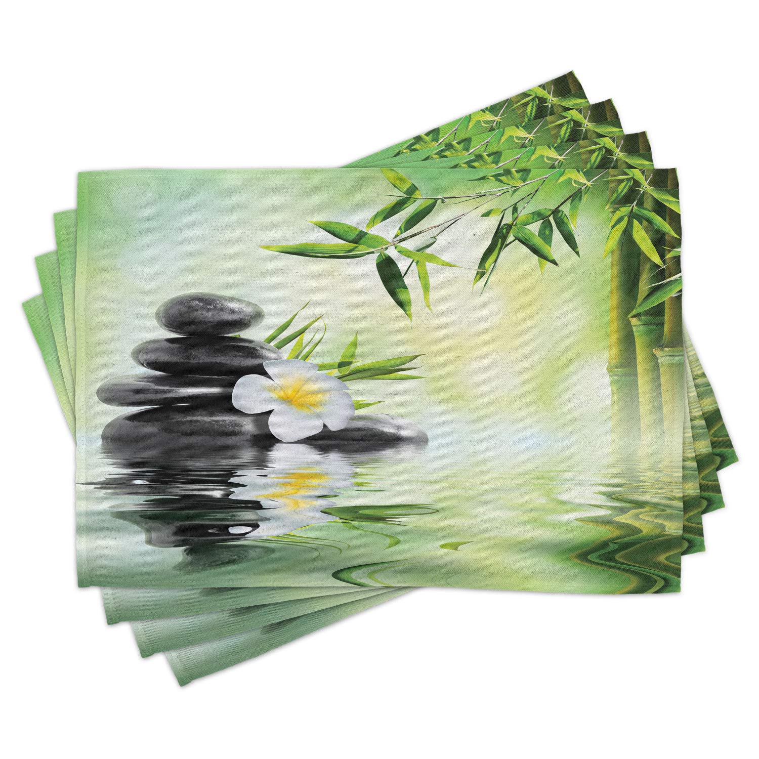 Ambesonne 4-Piece Spa Themed Placemats Set - Japanese Garden Frangipani Flowers Travel Design, Washable Fabric Table Mats for Dining Room, Standard Size (Charcoal Grey & Pale Green) - Perfect for Home Decor, Dinner Parties, and Asian-Inspired Interior Design