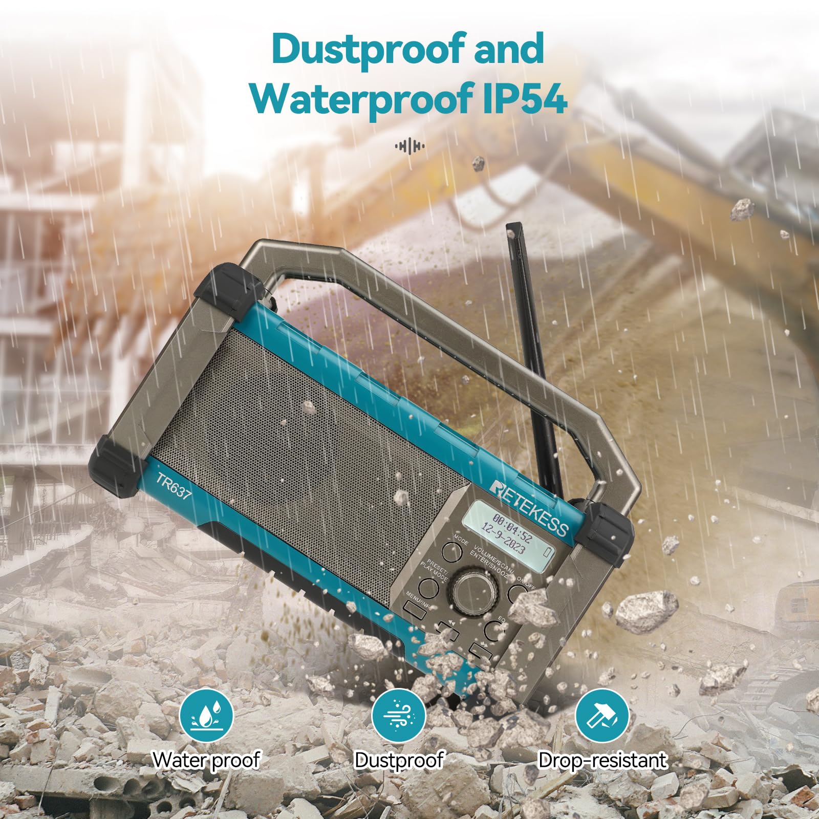 Retekess TR637 Jobsite Radio - Bluetooth AM/FM Work Radio with Rechargeable Battery, IP54 Waterproof, USB Support & EQ - Perfect for Construction Sites, Workshops & Outdoor Work