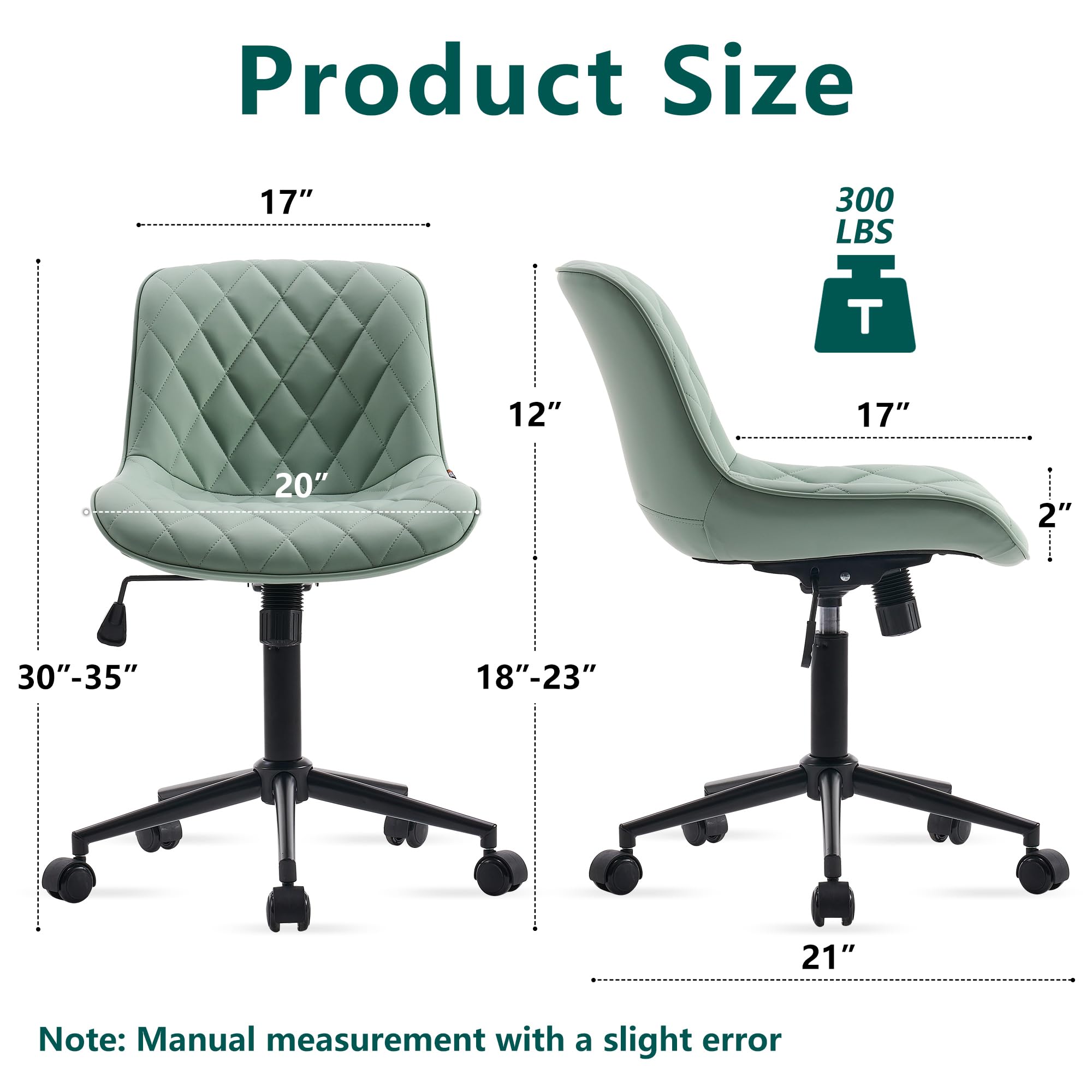 YOUNUOKE Armless Desk Chair - Comfy Home Office Computer Chair with Wheels, Rolling Swivel Task Chair, Modern Upholstered Executive Chair for Small Spaces (Mint Green) - Perfect for Home Office, Gaming, Study & Vanity Desks