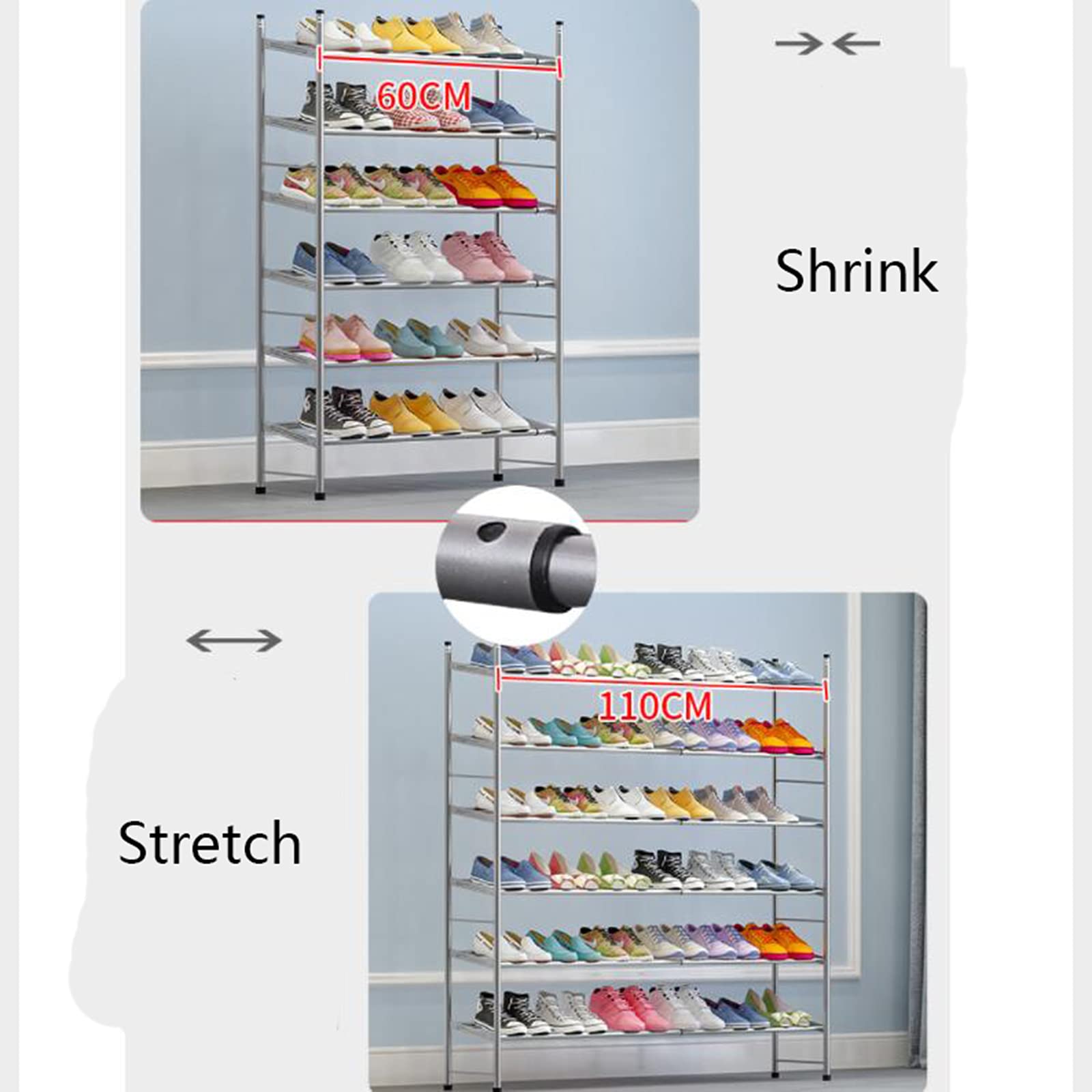 JHSLXD Adjustable 6-Tier Shoe Rack for Hallway, Dorm Room & Entryway - Metal Shoe Storage Shelf (60-110cm Height) - Perfect for Organizing Sneakers, Boots & Sandals in Small Spaces