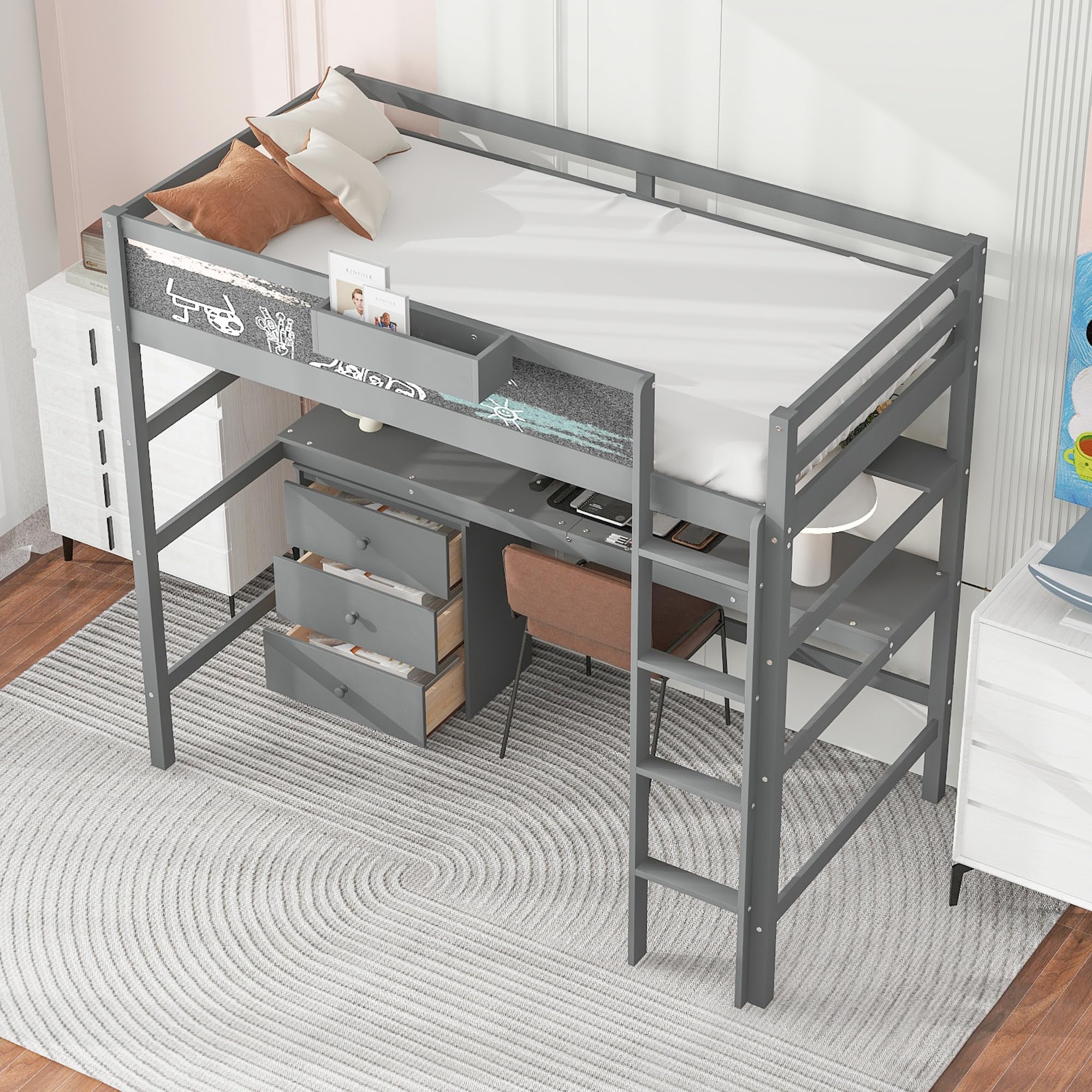 HABITRIO Twin Size Loft Bed with Desk & Storage - Wooden Loft Bed Frame with Drawers, Blackboard, Shelves & Storage Box - Space Saving Kids Bedroom Furniture for Small Rooms (Gray) - Perfect for Teens, Dorms & Studio Apartments