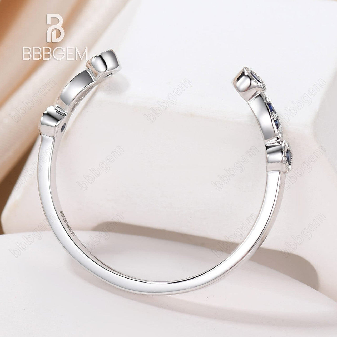 14K White Gold Natural Sapphire Open Gap Wedding Band - Marquise and Round Cut Sapphire Ring for Women, Perfect for Engagement, Anniversary, and Bridal Jewelry Gifts