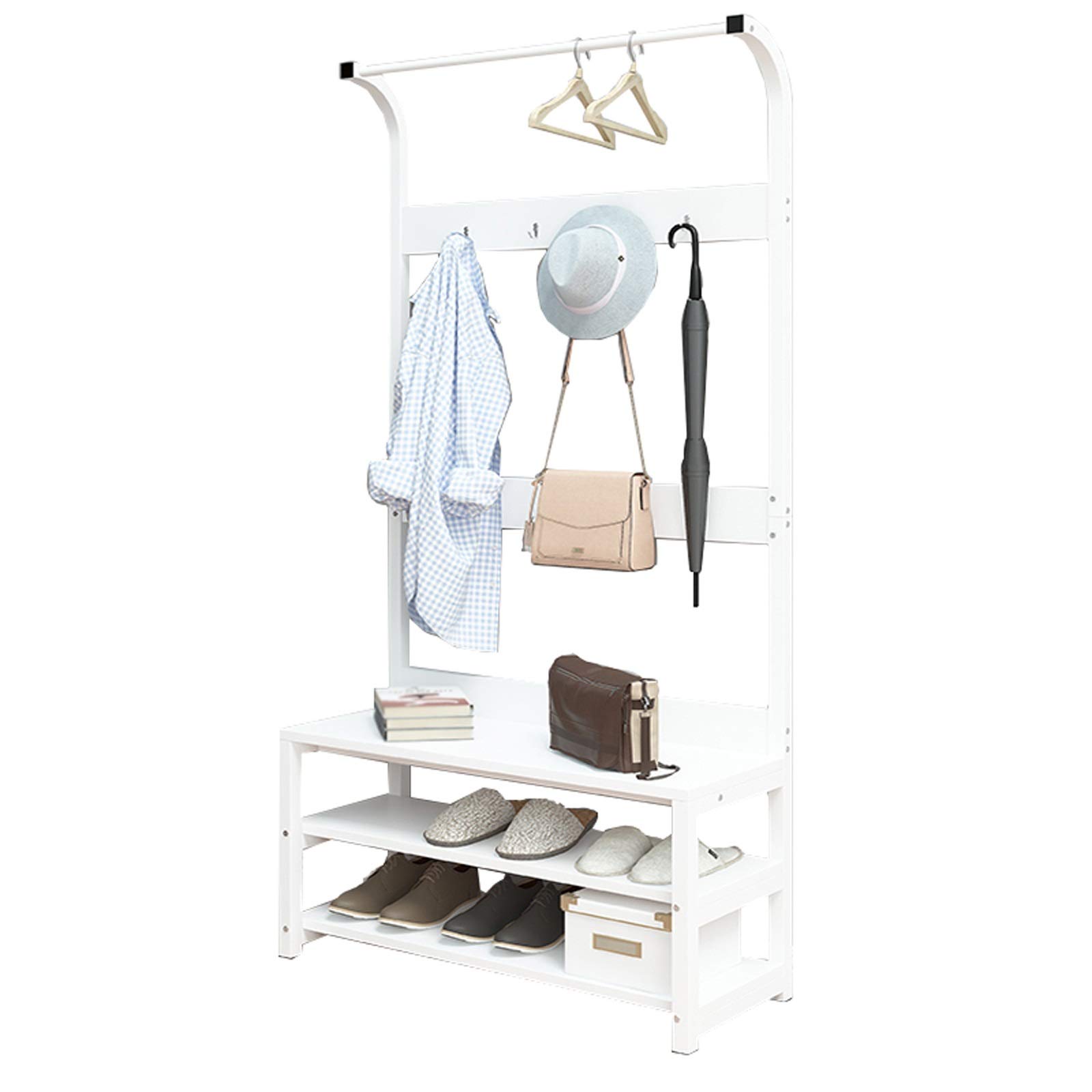 2-Tier Shoe Rack with Coat Hooks - White Shoe Storage Bench for Entryway, Hallway & Bedroom (80x30x170cm) - Space-Saving Organizer for Shoes, Bags & Outerwear by CHENGYI