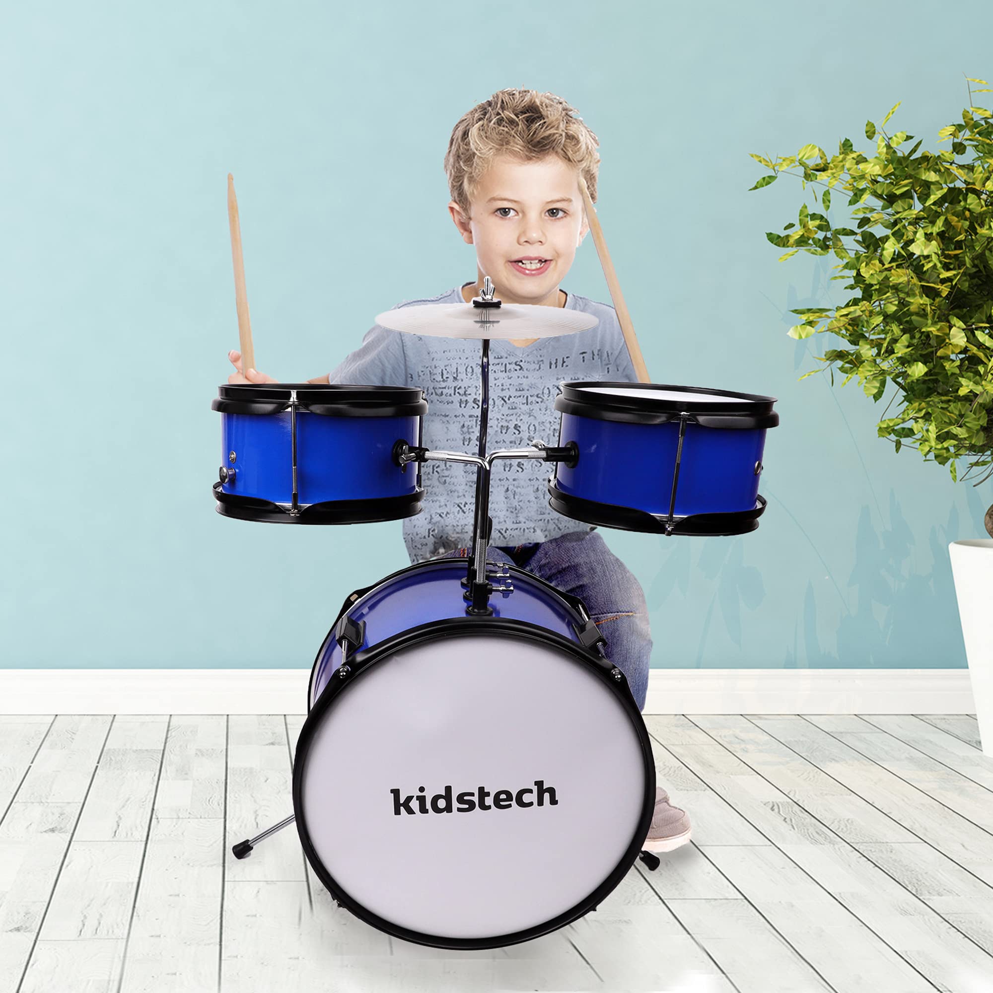 **Kidstech 5-Piece Junior & Adult Drum Set with Microphone, Drumsticks & Adjustable Seat - Musical Toy for Boys, Girls Ages 3+ - Perfect for Birthday Gifts, Home Play & Early Music Education (Large Size)**