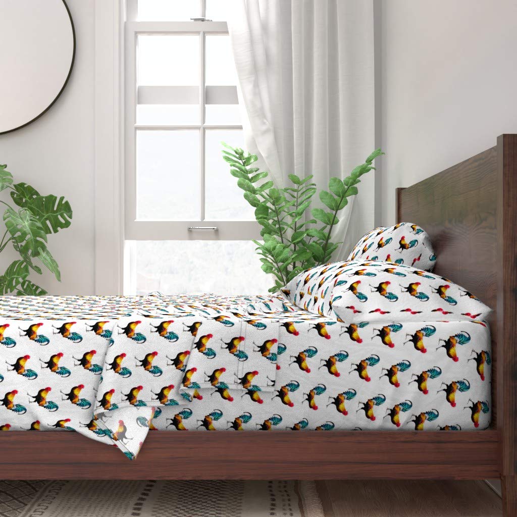 Premium 100% Cotton King Size 4-Piece Bed Sheet Set - Rooster & Farm Animal Print, Modern Folk Country Style for Farmhouse & Kitchen Decor | Soft, Breathable & Durable Bedding for Home & Guest Room