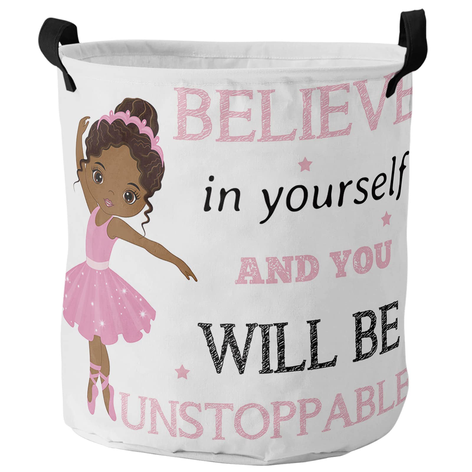 Collapsible Laundry Basket with Handles - 17 Inch Waterproof Fabric Hamper for Clothes Storage (African Ballet Girl Design) - Portable & Easy Carry for Bedroom, Laundry Room & Dorm Organization - Motivational Quote: Believe in Yourself You Will Be Unstoppable