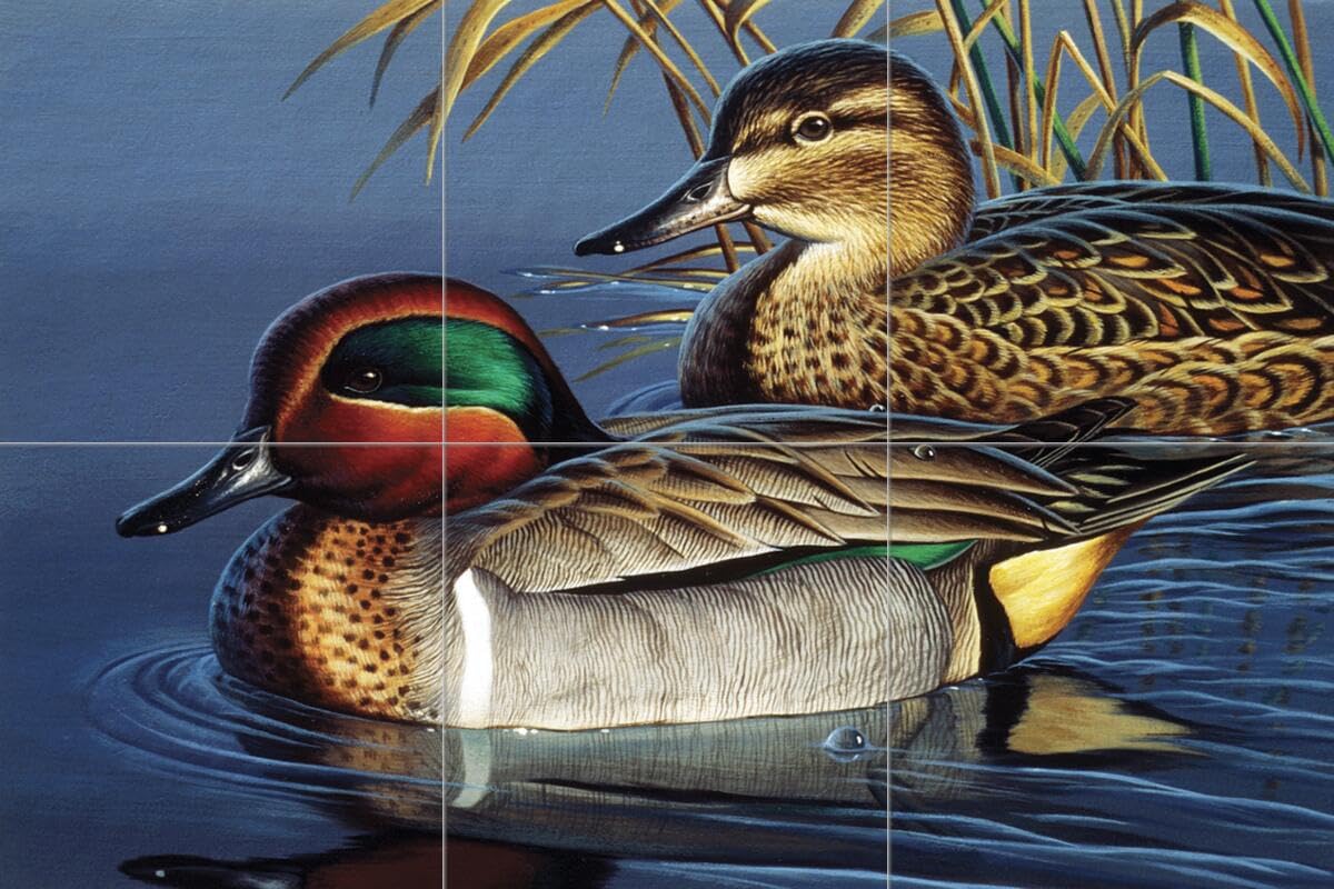 Hand-Painted Ceramic Backsplash Tile Mural - Green Wing Teal Duck Couple Art by Cynthie Fisher for Kitchen & Bathroom Decor | Waterproof & Easy to Clean | Perfect for Farmhouse, Coastal, or Nature-Themed Interiors