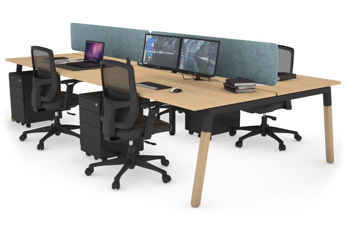 Quadro A Legs 4-Person Office Workstation with Wood Legs & Cross Beam - 1600L x 800W Dimensions with Cable Management Scallop | Perfect for Collaborative Workspaces, Home Offices & Shared Workstations