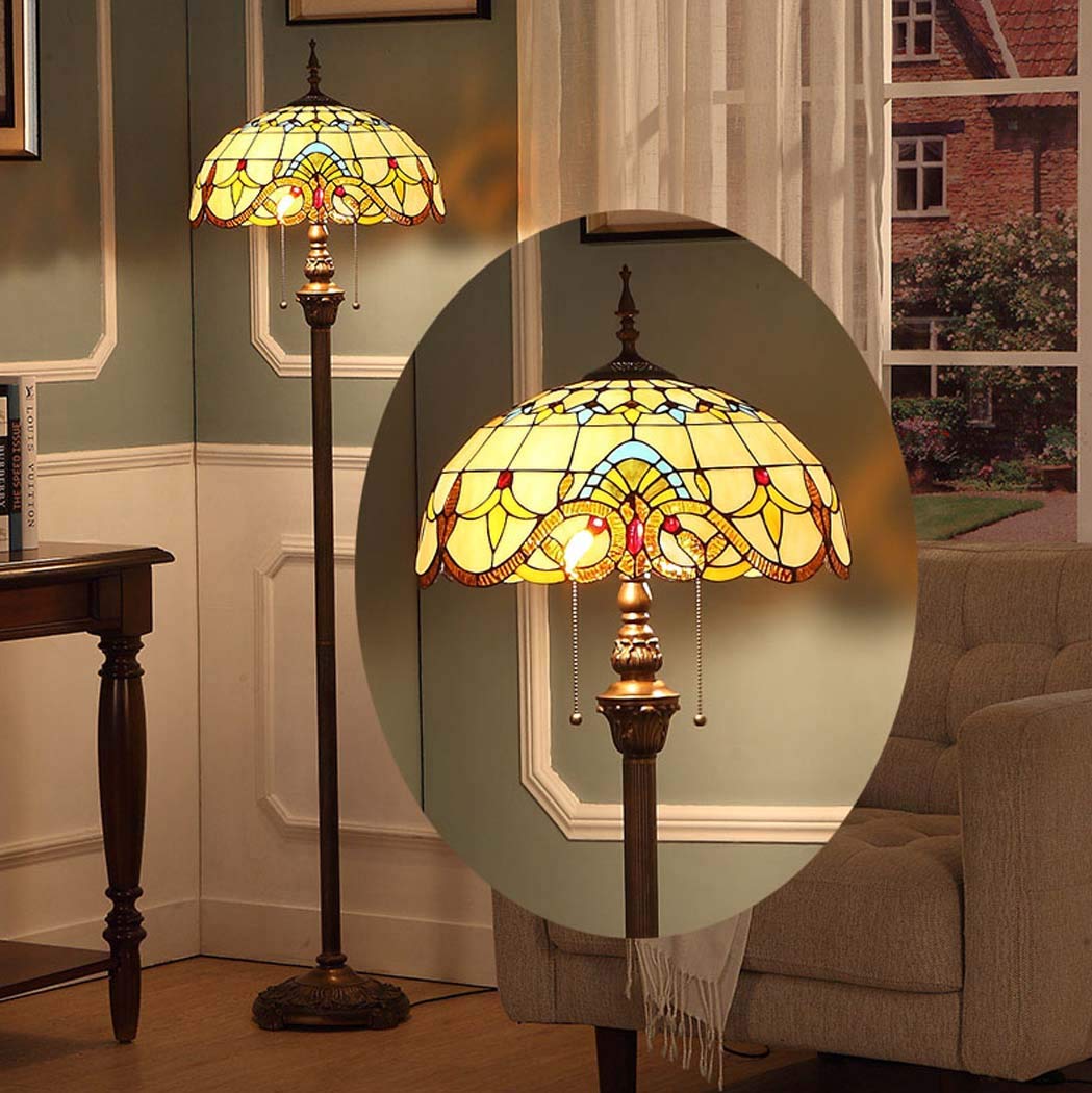 Tiffany Style Floor Lamp with Stained Glass Shade - Baroque Design Standing Lamp for Living Room, Bedroom, Study, Lounge - E27 Bulb, 110-240V, Foot Switch & Zipper - Perfect for Reading, Relaxation & Ambient Lighting