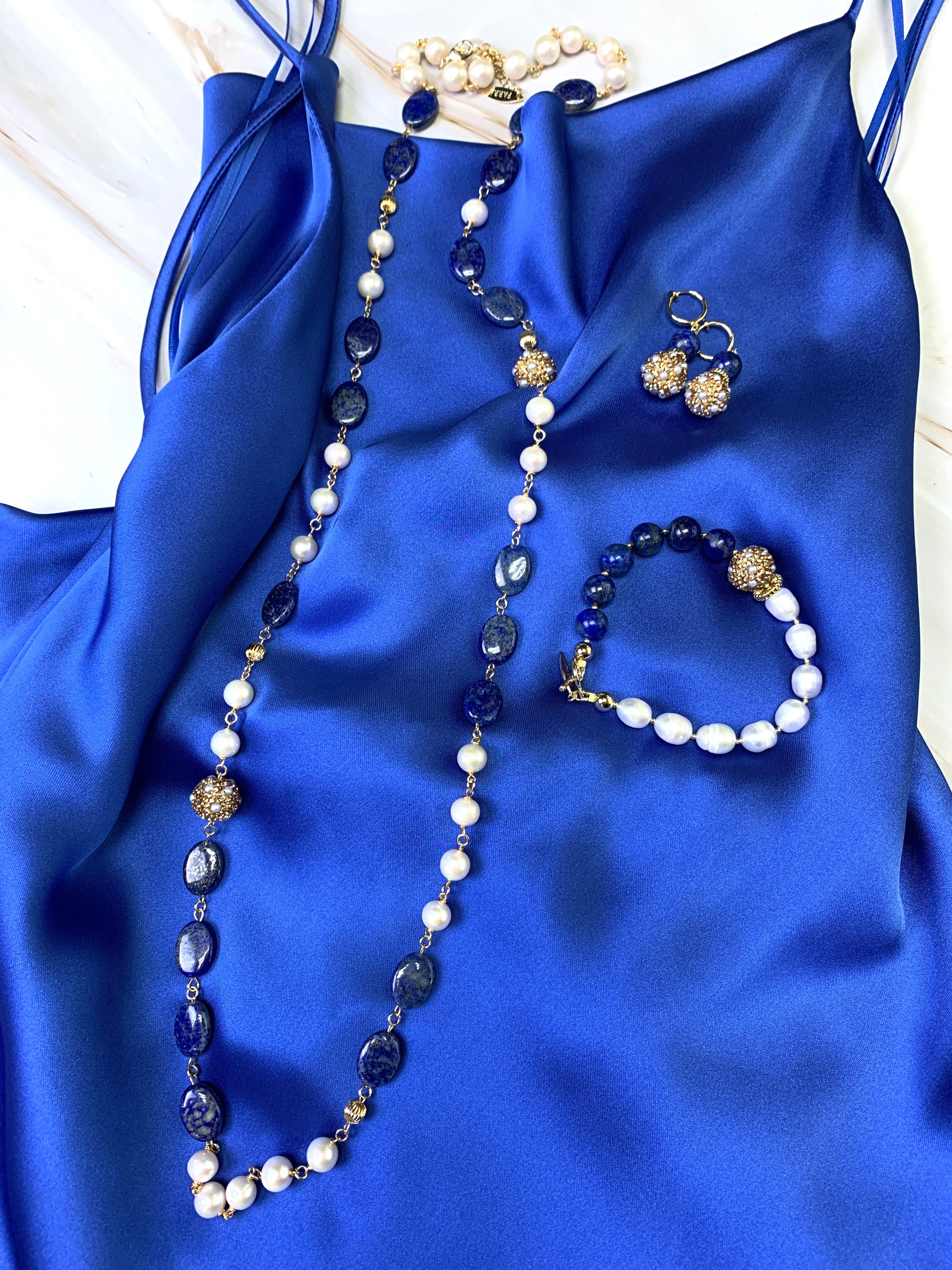 Lapis Lazuli & Freshwater Pearl Bracelet FB001 - Elegant Handmade Jewelry for Women, Perfect for Parties & Gifts