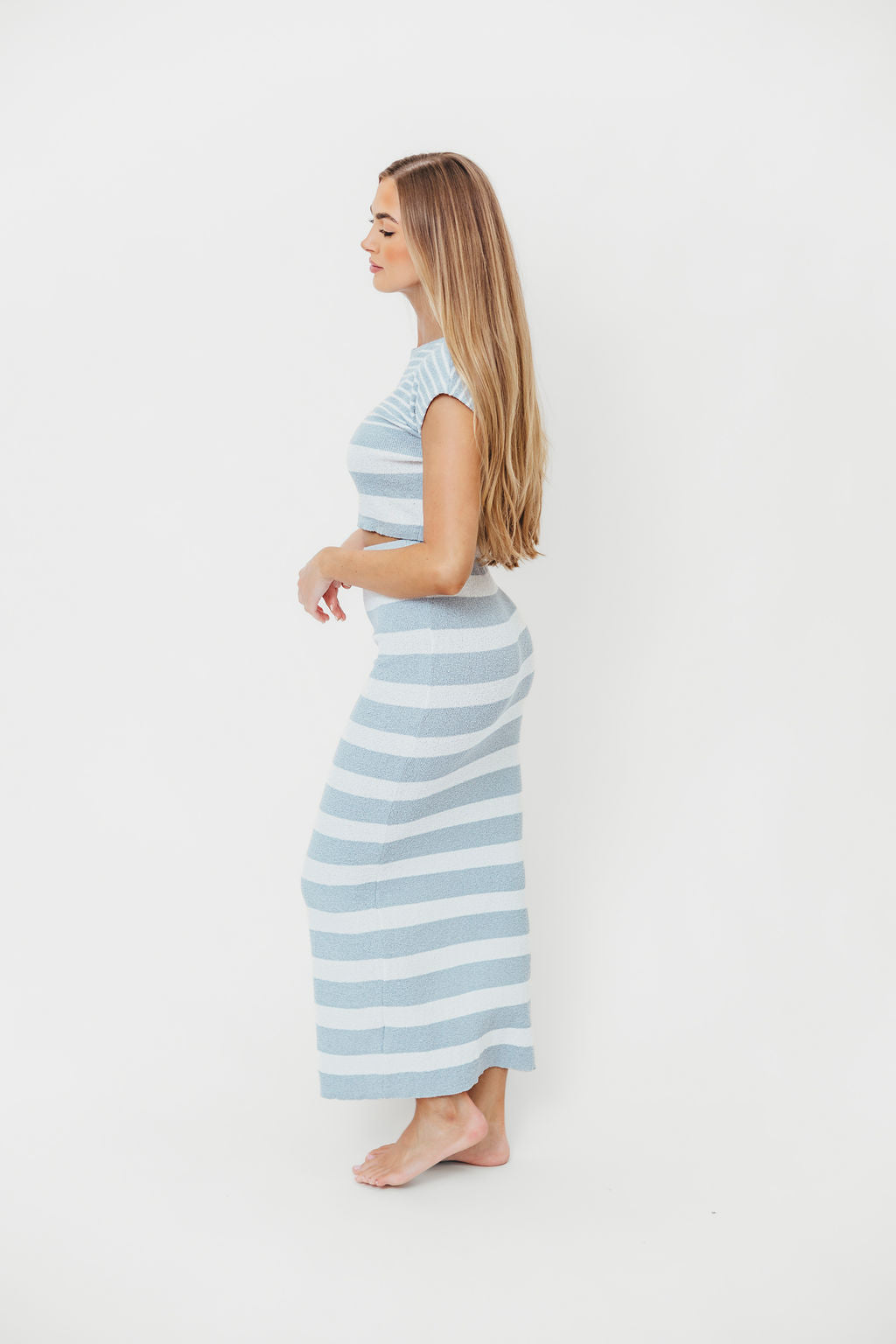 Linnea Striped Midi Skirt and Top Set - Light Blue & White Outfit | Women's Summer Casual Two Piece Set | Perfect for Beach Vacation, Brunch & Date Night