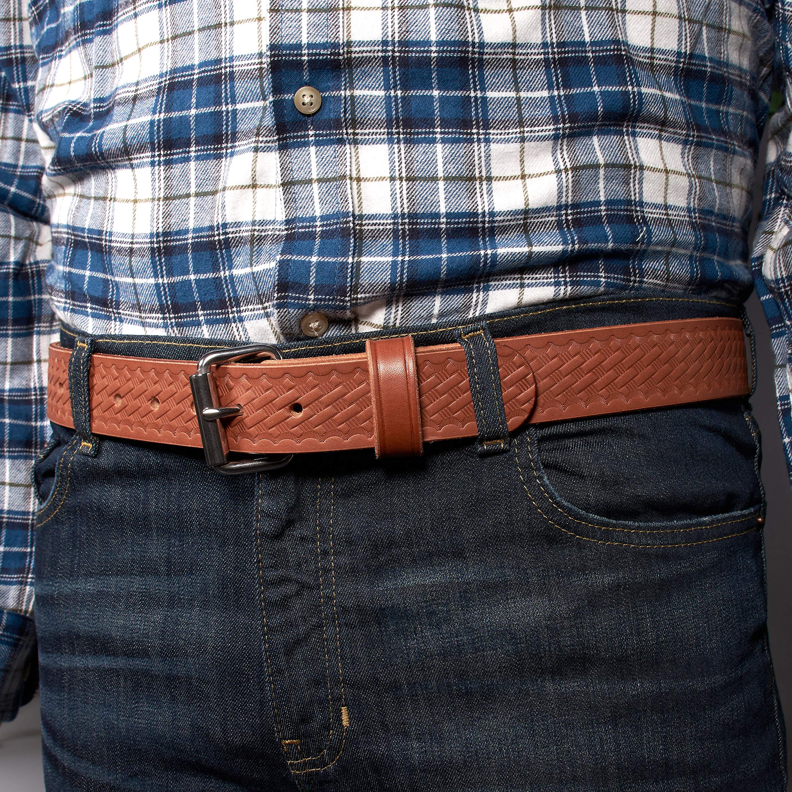 Old Timer Heavy Duty 14 oz Leather Gun Belt - Basketweave Embossed Concealed Carry CCW Belt - Handmade in USA - Perfect for Everyday Carry & Outdoor Activities