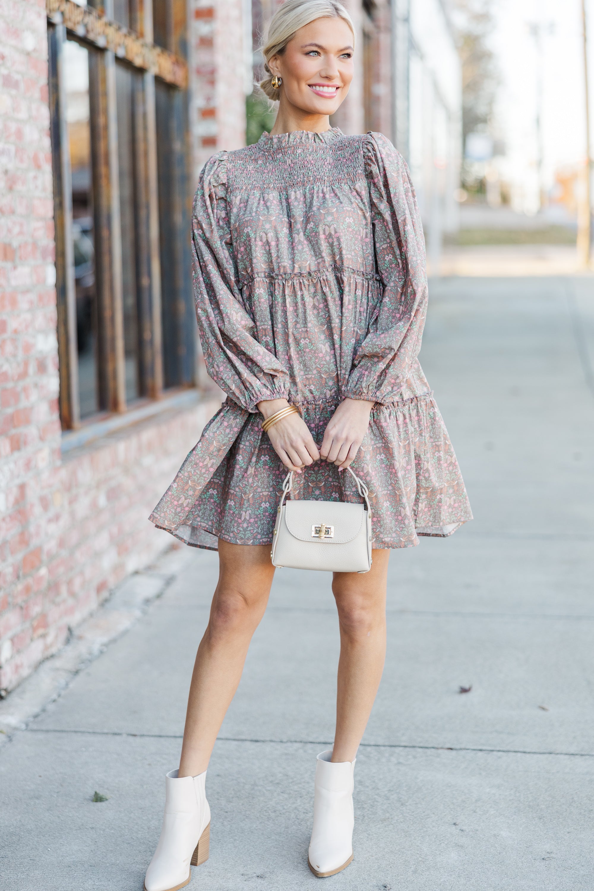 Elegant Muted Brown Floral Babydoll Dress for Women - Perfect for Casual Outings, Date Nights & Summer Vacations