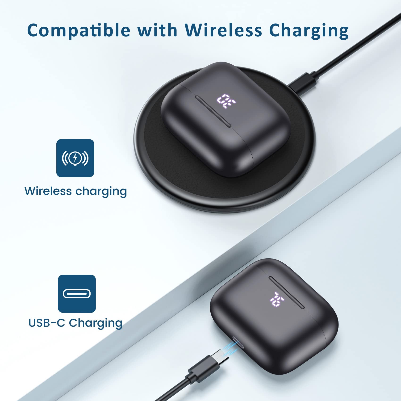 Wireless Bluetooth Earbuds with 50H Playback, IPX7 Waterproof, Wireless Charging Case & LED Power Display - Stereo Sound, Built-in Mic for Clear Calls - Perfect for Workout, Running, Home Office & Travel