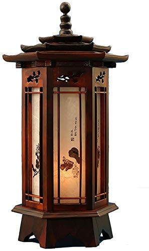 Handmade Antique Korean Hexagonal Carved Wood Lantern - Traditional Pagoda Roof Window Design, Art Deco Brown Table Lamp for Bedroom, Living Room & Asian Home Decor | Perfect as Bedside Accent Light or Oriental Decorative Lighting