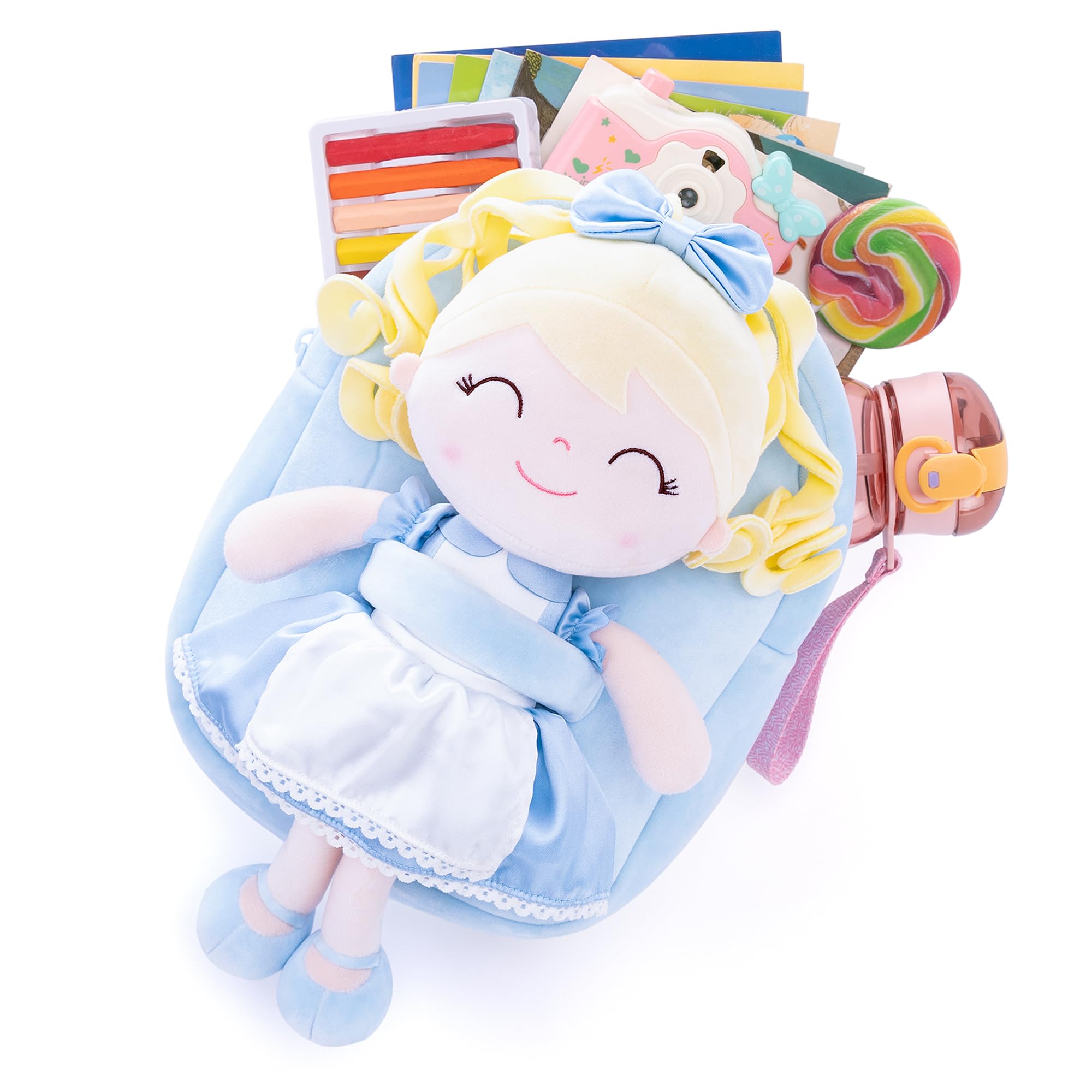 **Gloveleya Soft Plush Toddler Backpack for Girls - Cute Princess Alice Doll Backpack for Kids, Baby Girl Gifts (Blue, 9