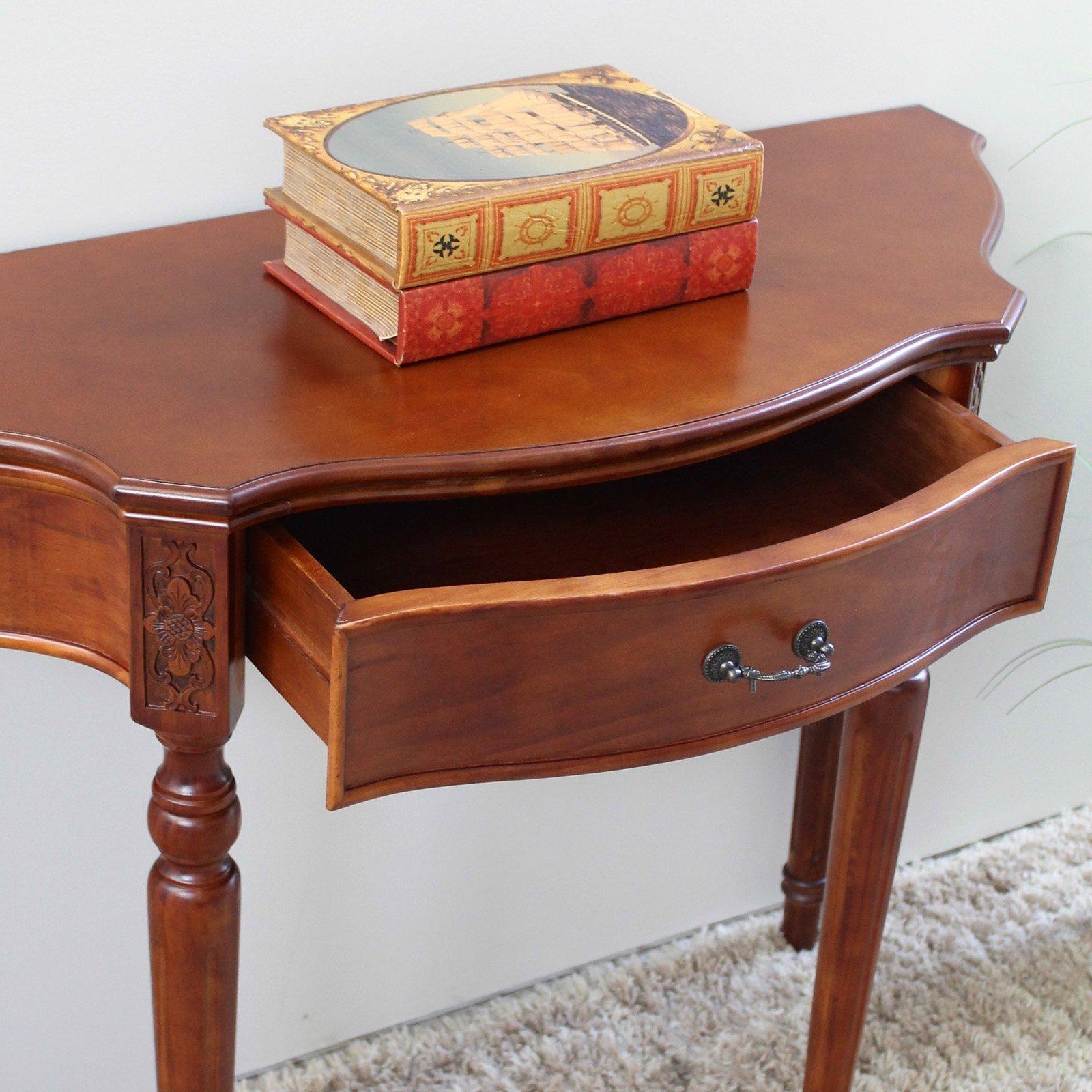Handcrafted Carved Wood Half Moon Table - International Caravan Furniture for Living Room, Bedroom & Entryway Decor