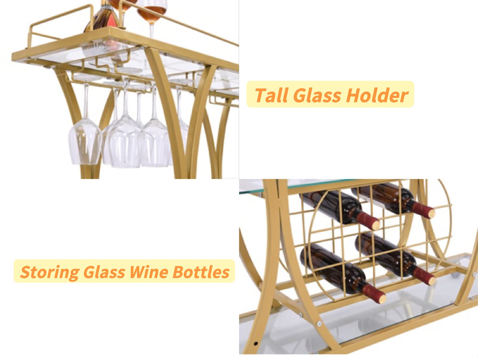 3-Tier Gold Rolling Bar Cart with Glass Holders & Wine Rack - Metal Kitchen Serving Cart with Glass Shelves for Home, Party & Outdoor Entertaining - Perfect for Cocktail Making, Wine Display & Mobile Bar Setup