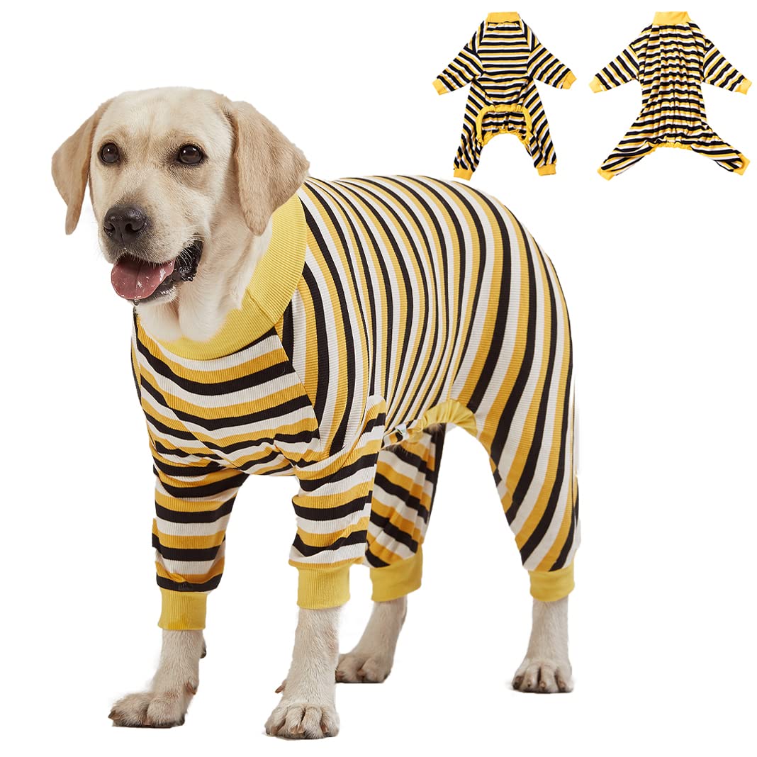 LovinPet Big Dog Pajamas - Soft Cotton Black & Yellow Striped Dog Shirt | Full Coverage Onesie for Large Breed Dogs | Cozy Pet PJs for Medium to Large Dogs | Perfect for Winter Nights & Indoor Lounging