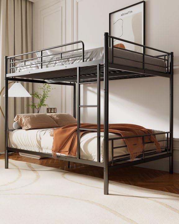 Full Over Full Metal Bunk Bed for Kids - Convertible to 2 Separate Full Size Beds - Heavy Duty Steel Bunk Bed Frame with High Safety Guardrail & Built-in Ladder - No Box Spring Required - Noise Free Design - Black - Perfect for Kids' Bedroom, Dorm Room or Space-Saving Guest Room