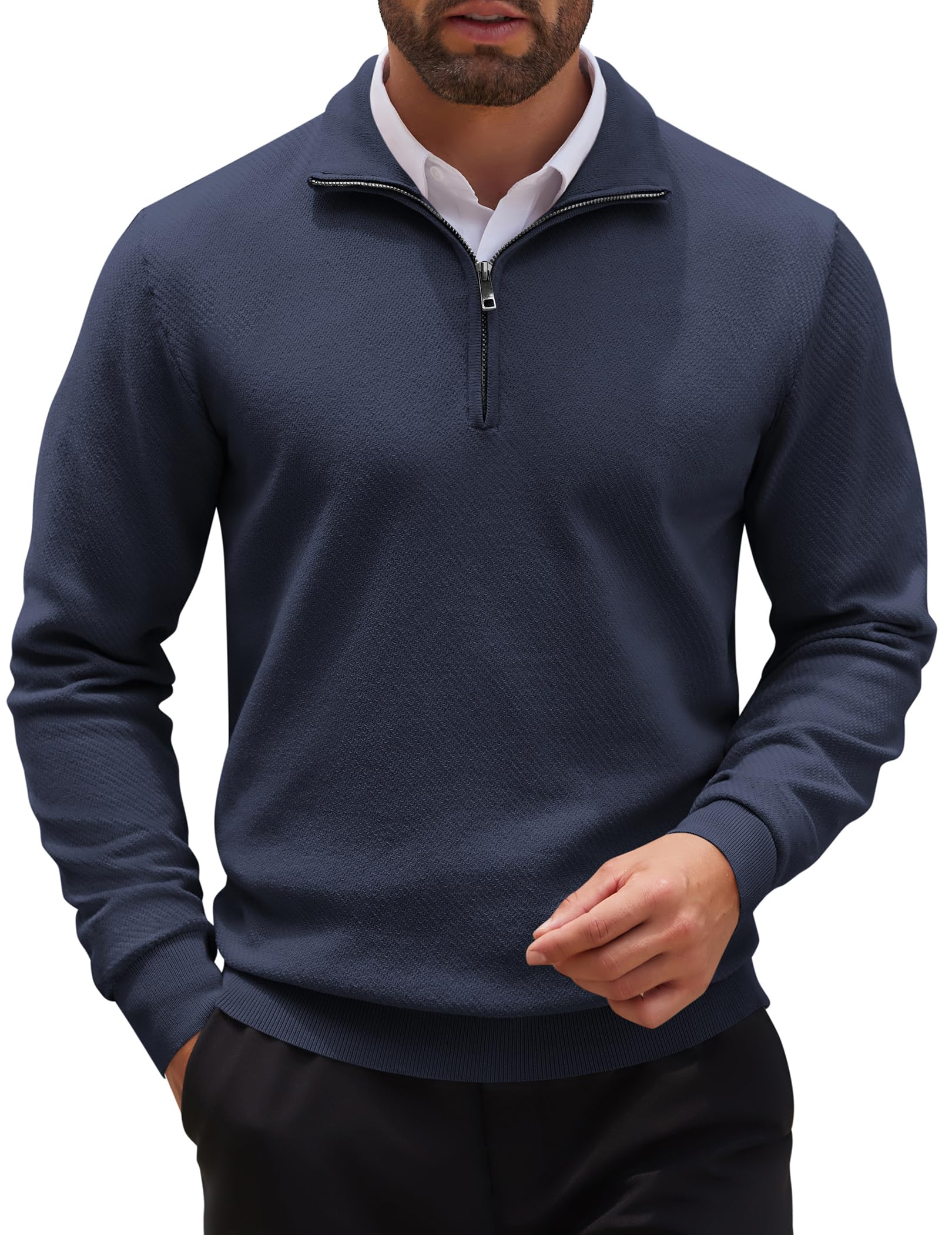 COOFANDY Men's Slim Fit Quarter Zip Sweater - Lightweight Knit Pullover with Mock Neck, Long Sleeve Casual Sweater for Work, Travel & Outdoor Activities