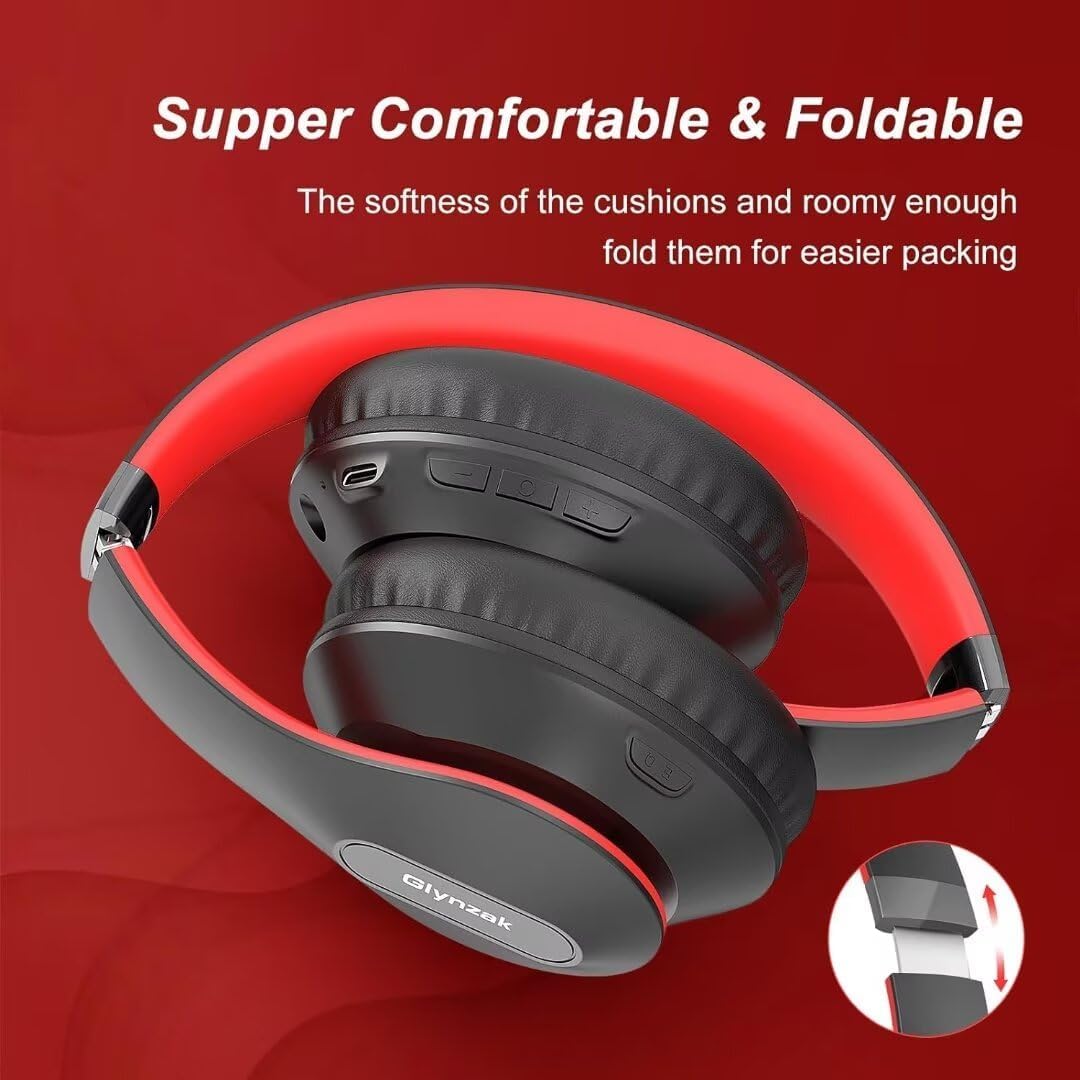 Wireless Bluetooth Headphones Over Ear - 65H Playtime HiFi Stereo with Mic & 6EQ Modes - Foldable Bluetooth 5.3 Headset for Travel, Work, Gaming - Compatible with Laptop, Computer, Phone (Black/Red)