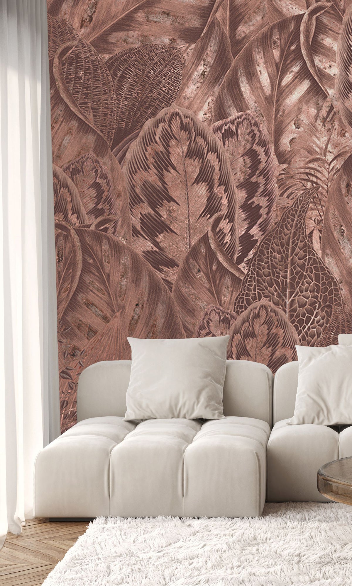 Copper Vibrant Leafy Collage Mural Wallpaper M2557 - Nature-Inspired Peel & Stick Wall Decor for Living Room, Bedroom, or Office