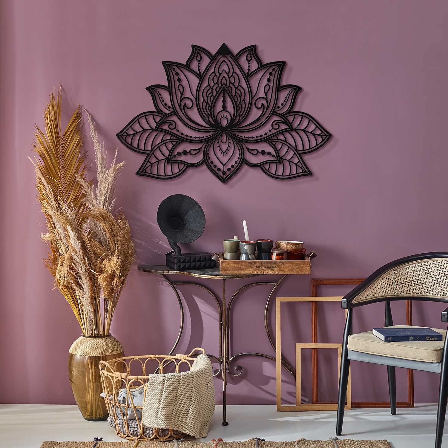 Lotus Mandala Black Metal Wall Art - Handcrafted Boho Wall Decor for Living Room, Bedroom, Kitchen & Bathroom | Indoor & Outdoor Wall Hanging for Meditation Spaces, Yoga Studios & Home Decoration