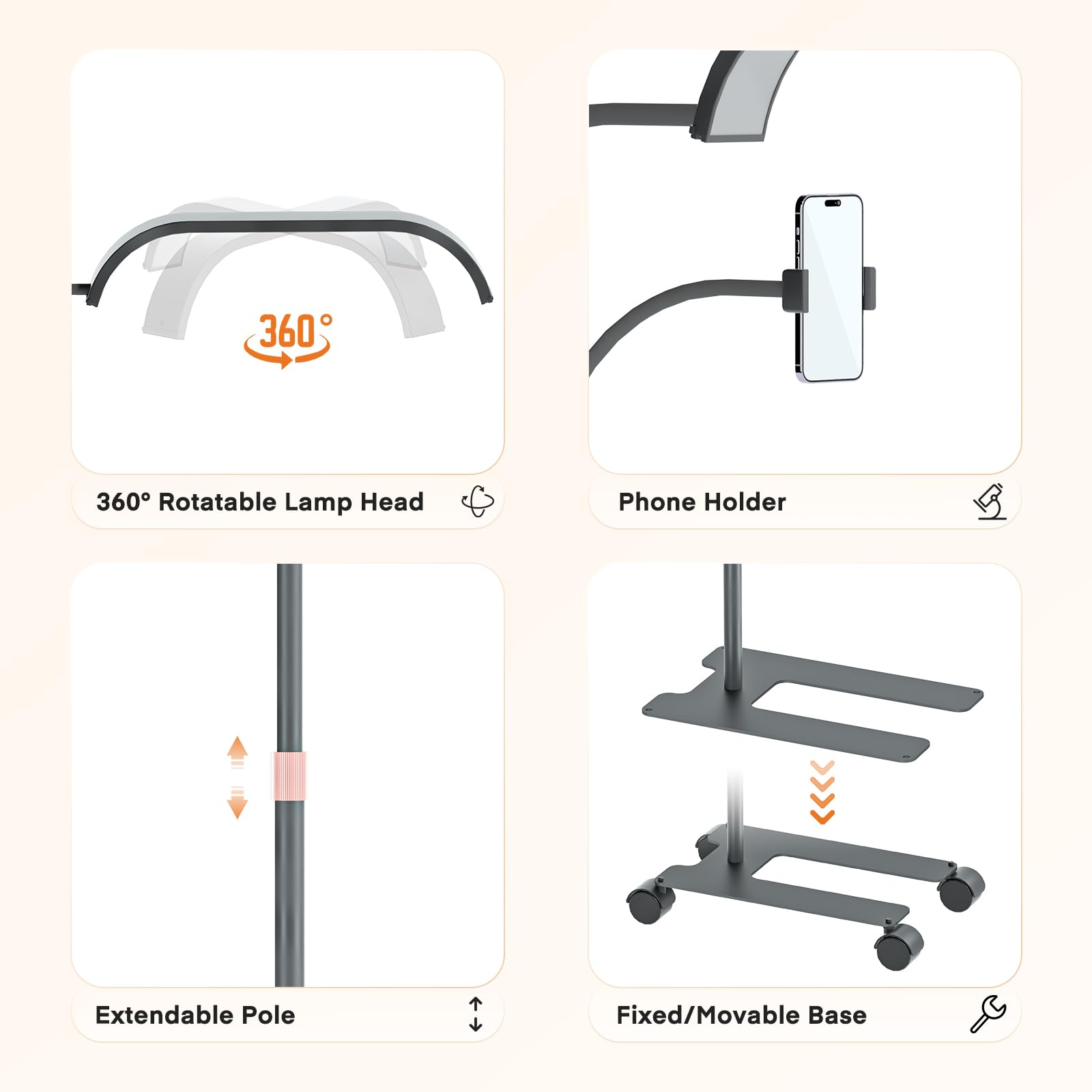 Professional Half Moon LED Light for Eyelash Extensions - 2-in-1 Lash Lamp with Phone Holder & 50cm Adjustable Swing Arm - 7 Color Modes & Stepless Dimming - Esthetician Light with Mobile Stand for Eyelash Techs, Tattoo Artists & Nail Salons - Perfect for Beauty Studios, Home Use & Professional Makeup Applications