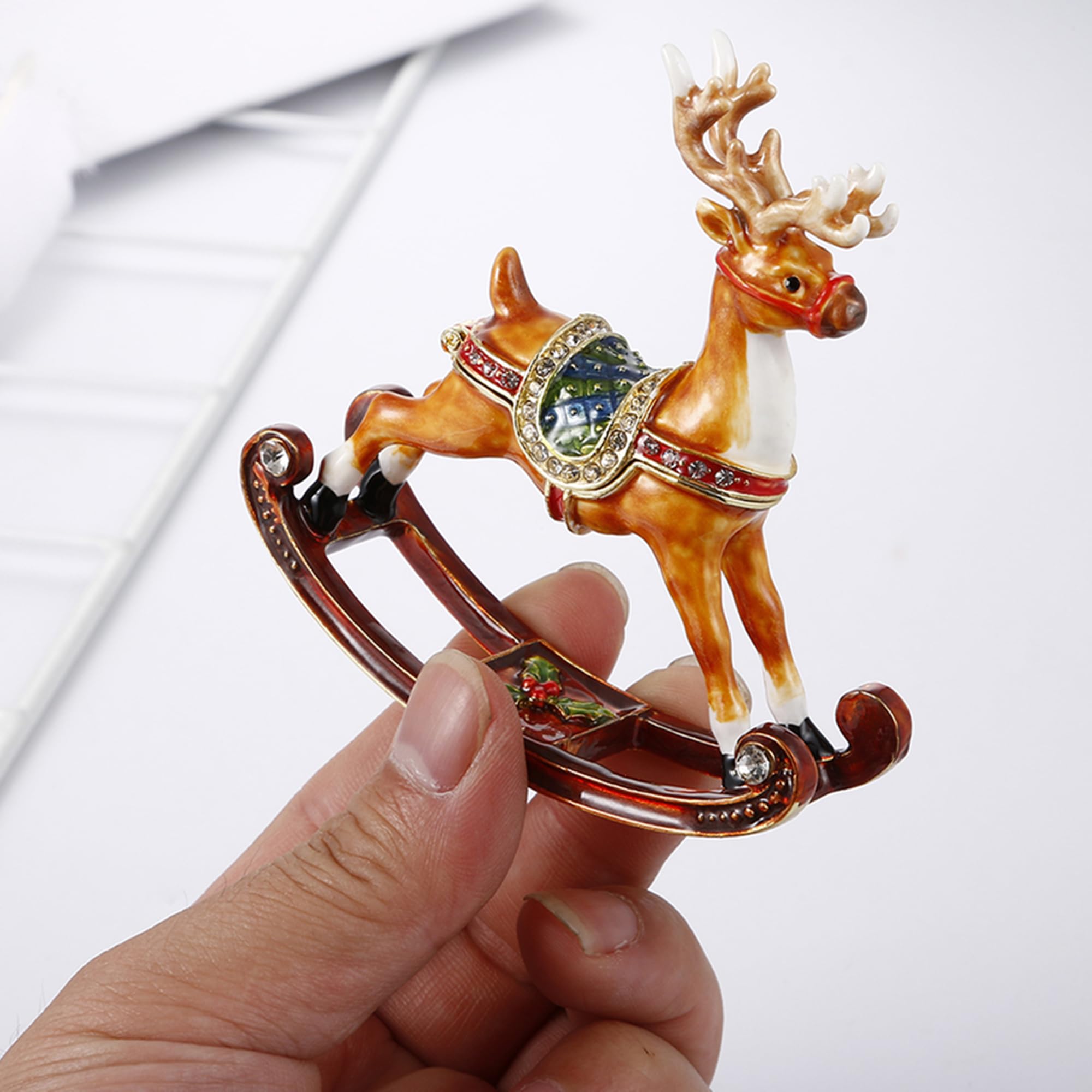 Hand Painted Enamel Reindeer Jewelry Box - Hinged Trinket Box for Rings & Necklaces, Classic Bejeweled Storage Organizer, Collectible Figurine Home Decor Gift | Perfect for Christmas Decor, Jewelry Storage & Keepsake Display