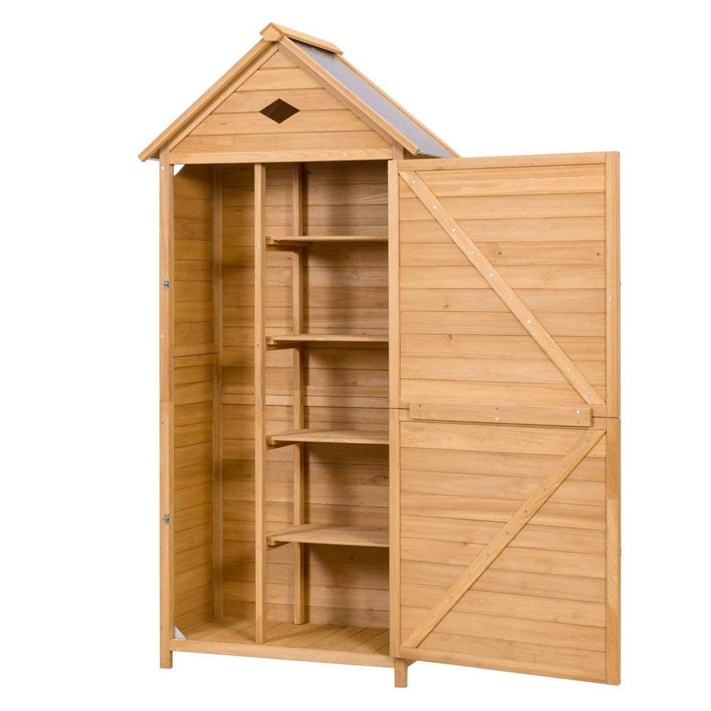 Goplus Wooden Storage Shed - Fir Wood Outdoor Cabinet for Garden, Patio & Yard - Natural Finish - Perfect for Storing Tools, Cushions & Outdoor Equipment