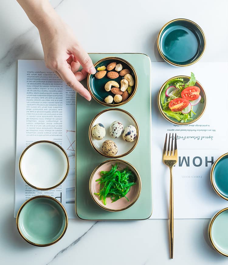 Elegant White Porcelain Side Dish Bowls - Matte Gold Trim, Set of 6 - Perfect for Soy Sauce, Seasonings & Dipping - Ideal for Sushi, Asian Cuisine & Dinner Parties