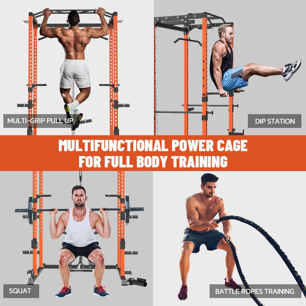 **Power Cage - Multi-Functional Power Rack with LAT Pulldown Cable System & Full Body Workout Attachments | Squat Rack with Optional Lever Arm, Belt Squat & Weight Plates Combo for Home Gym | Perfect for Strength Training, CrossFit & Home Fitness**