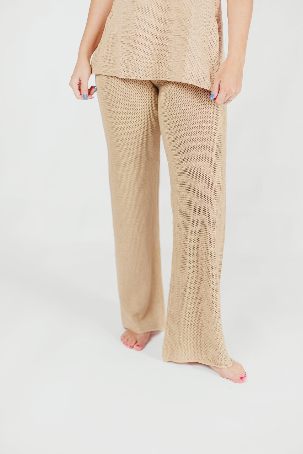 Brielle Crochet Knit Pants for Women - Breathable Sand Color Boho Beach Pants, No Lining Summer Casual Wear for Vacation, Yoga, and Lounge