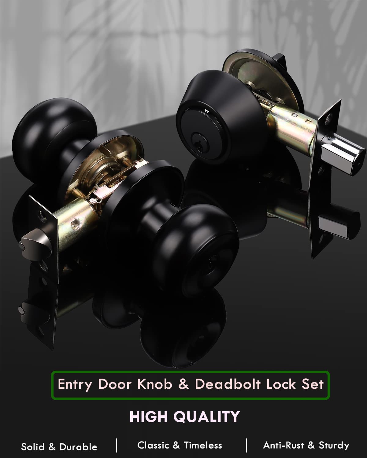 2 Pack Keyed Alike Door Knobs & Deadbolt Lock Set - Matte Black for Home Security