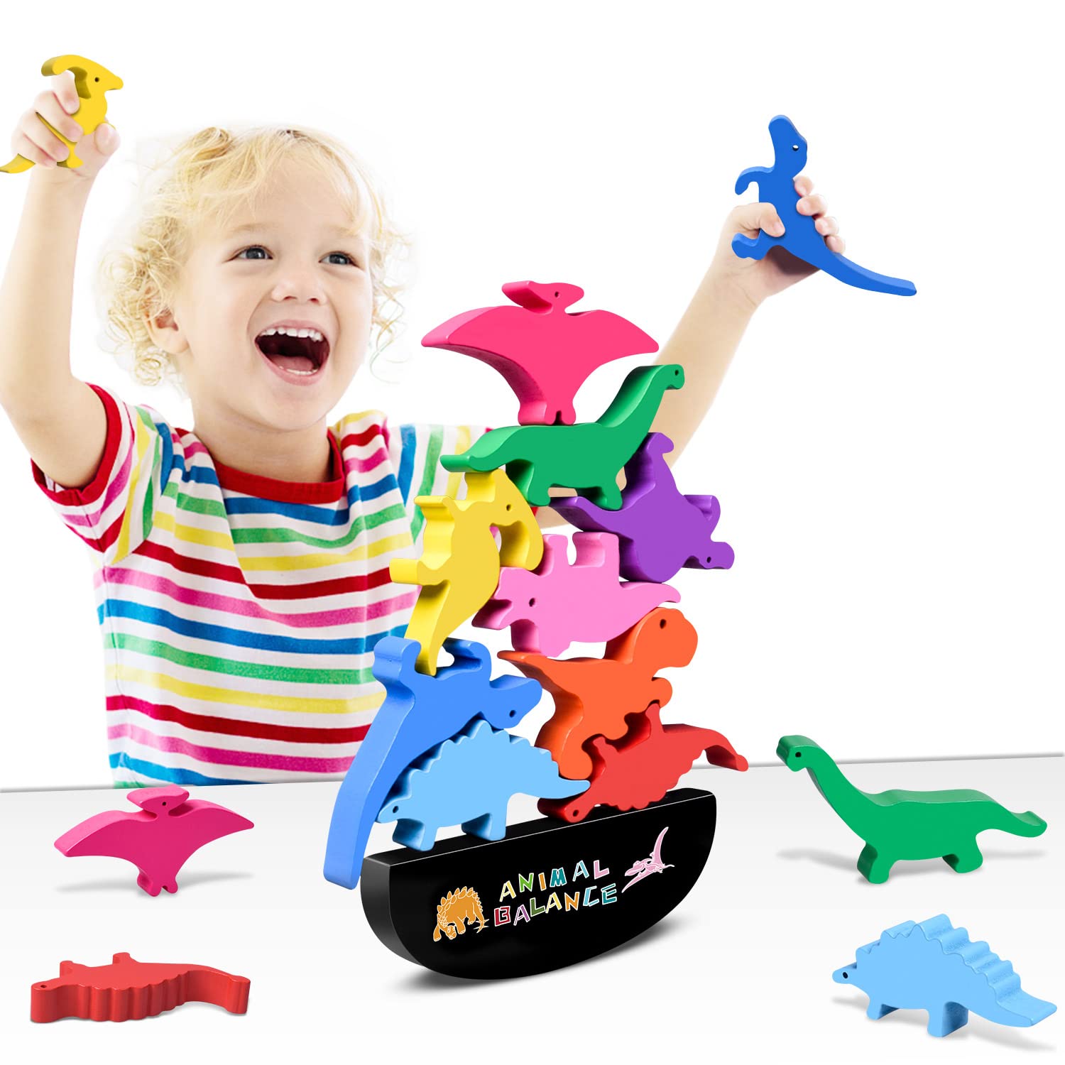 FFTROC Wooden Stacking Dinosaur Toys for Kids Ages 2-5 - Montessori Educational Stacking Blocks for Toddlers, Perfect Birthday Gifts for 2 3 4 Year Old Boys & Girls - Fun Learning Toys for Preschool Classroom & Home Playtime