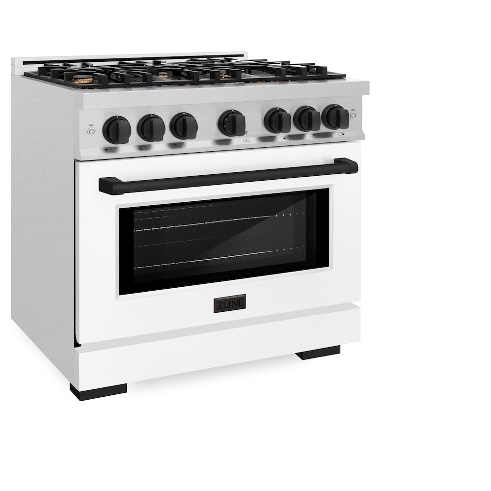 ZLINE Autograph Edition 36 Inch 5.2 Cu Ft Gas Range with 6 Burner Cooktop & Convection Oven - Satin Stainless Steel with White Matte Door & Black Accents (HGRSZ WM 36 MB) - Perfect for Modern Kitchens & Professional Chefs