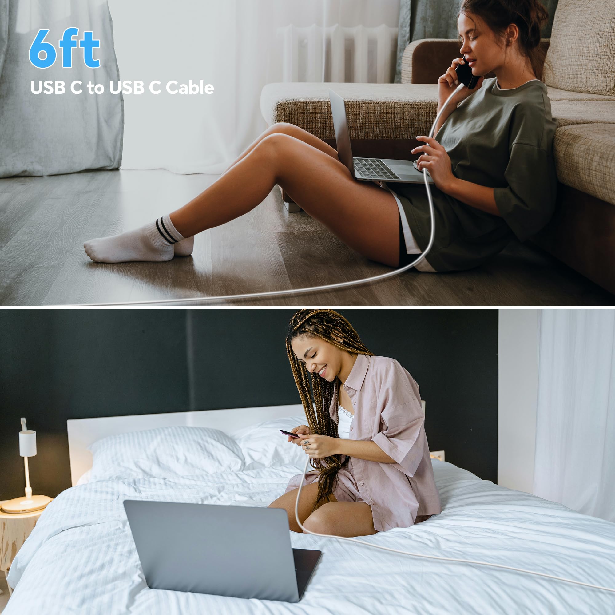 2-Pack 60W USB C to USB C Fast Charging Cable - 6ft Super Fast Charger Cord Compatible with iPhone 15 Pro Max, iPad Pro, Samsung Galaxy & Android Devices | Perfect for Home, Office & Travel Charging