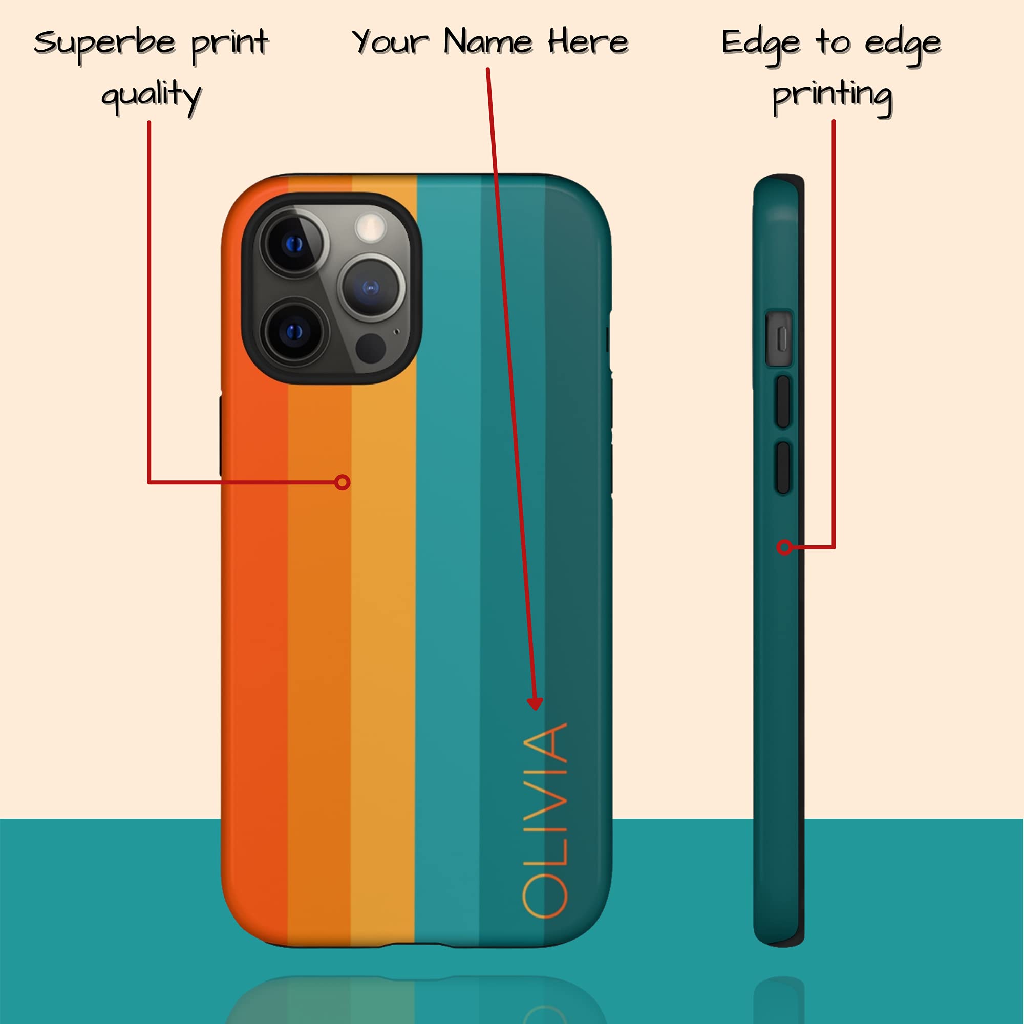 Retro Orange Teal Custom Rainbow Phone Case with Personalized Name - Compatible with iPhone 16 Plus, 15 Pro Max, 14, 13 Mini, 12, 11, X/XS Max, XR, 7/8 - Perfect for Everyday Use, Gifts & Special Occasions