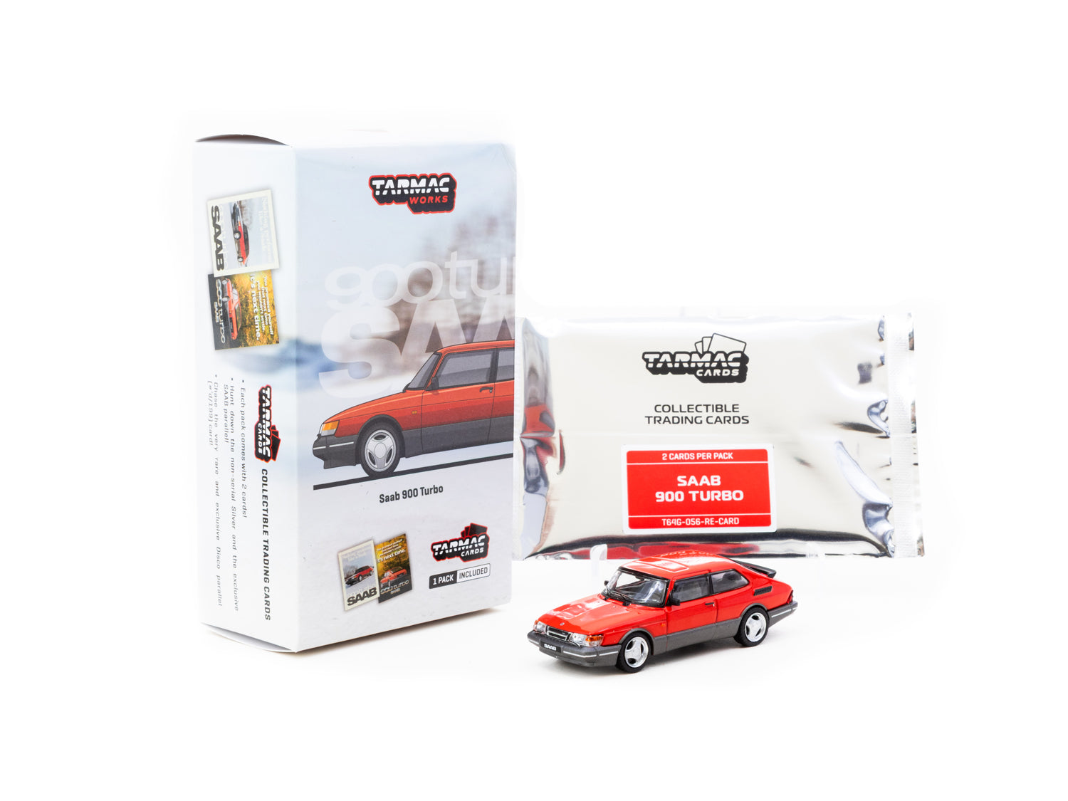 Tarmac Works 1/64 Scale Saab 900 Turbo Red Diecast Model Car with Collectible Tarmac Cards - Perfect for Diecast Collectors, Display, and Gifts